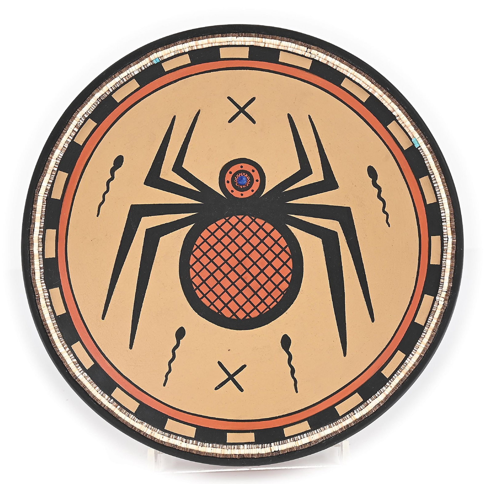 CAVAN GONZALES (TSE-WHANG, B. 1970) SAN ILDEFONSO (P’OHWHOGEH) POLYCHROM PLATE: Contemporary. With a large central spider and a malachite inlay on the spider's head, surrounded by polliwogs, the rim highlighted by three rows of heishi. The back is signed "Cavan Gonzales (Eagle Ta