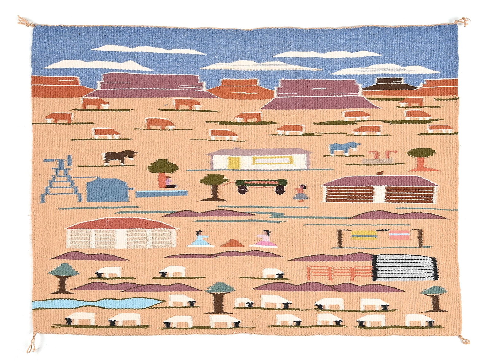 NAVAJO (DINÉ) PICTORIAL WEAVING: Contemporary. Showing a home setting with monuments in the background. 37" x 27" Provenance Estate of a Lake Tahoe collector, Dr. Margaret McKee Dimensions: 37" x 27".