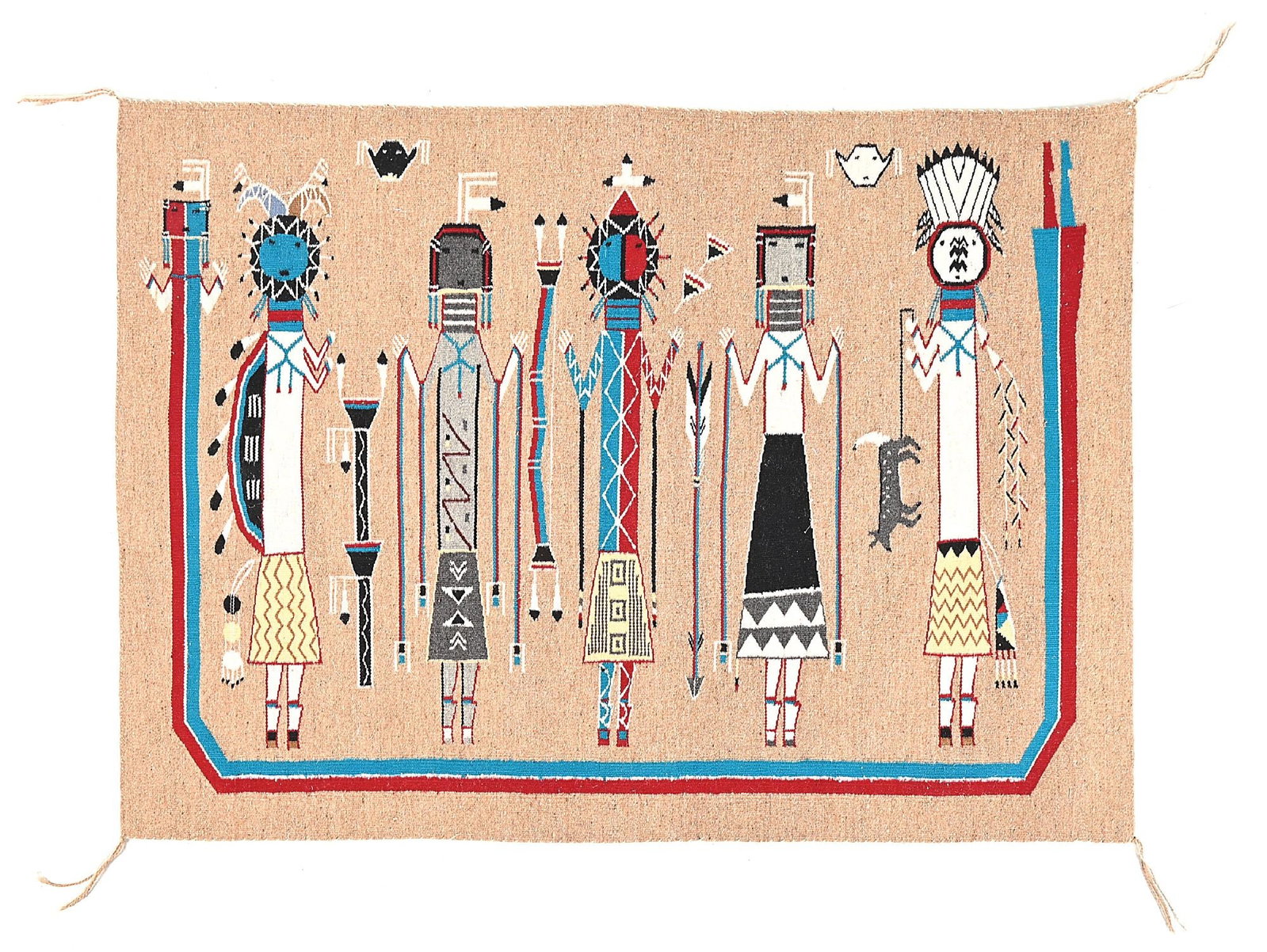 NAVAJO (DINÉ) YEI WEAVING: With a rainbow Yei encasing on three sides five Yei figures. Dimensions: 51-1/2" x 36" Colors: brown, turquoise, red, grey, black, yellow, light blue Dimensions: 51 - 1/2" x 36".
