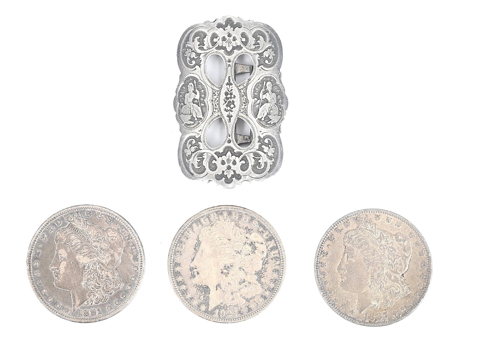 LOT OF 4: STERLING SILVER ITEMS: Lot consists of (3) Morgan dollars; 1881, 1887, 1921, and a 1860s patriotic engraved Civil War Union sash buckle. Overall weight: 97 grams. Dimensions: Largest: 2 - 1/4" x 1 - 1/4".