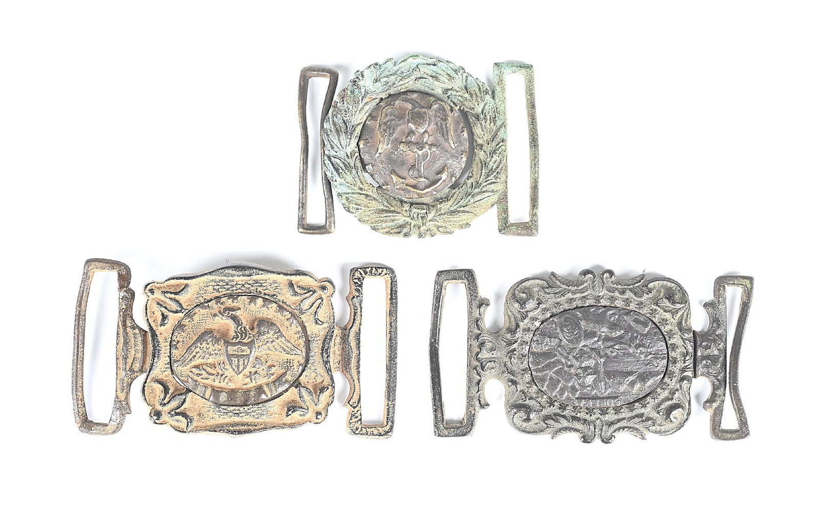 LOT OF 3: CALIFORNIA GOLD RUSH BELT BUCKLES: Lot of dug 1850s buckles found in California gold mining camps. Some rare variations in this lot. Dimensions: Largest: 4" x 2".