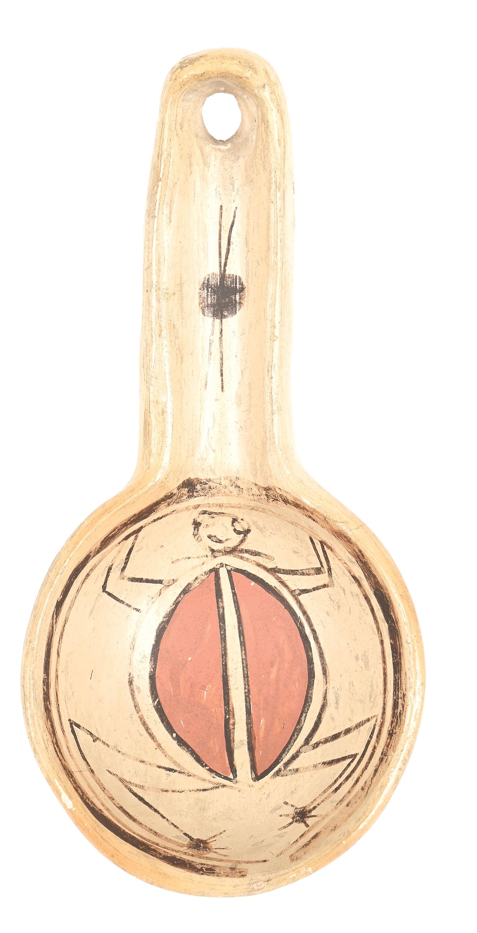 HOPI POTTERY LADLE: With a stylized frog design covering the inside of the bowl and a highly-stylized tadpole on the handle.With an affixed label stating: "Guaranteed Hand-Made at (blank) Southwest Art and Craft Santa Fe