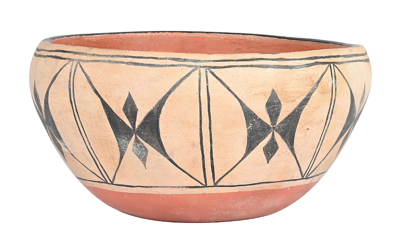 SANTO DOMINGO (KEWA) DOUGH BOWL: Circa early 20th century. Polychrome with a band of geometric design. Red interior. 12-1/4" Dia. x 6-1/4" h Provenance: Matthew Chase, Ltd., Mr. Joseph V. Common, sales invoice from Matthew Chase, Ltd
