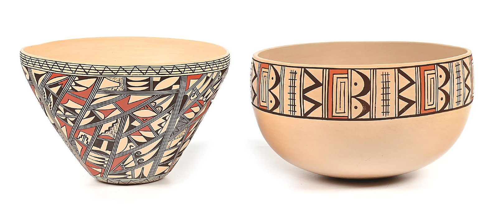 LOT OF 2: HOPI (HOPISINOM) BOWLS: Contemporary. (A) Signed on the base "Jofern Puffer 'Hopi' 'Tewa'". With the exterior sides covered in polychrome traditional fine line and bold geometric designs. 12" Dia. x 7" T. (B) Signed on botto