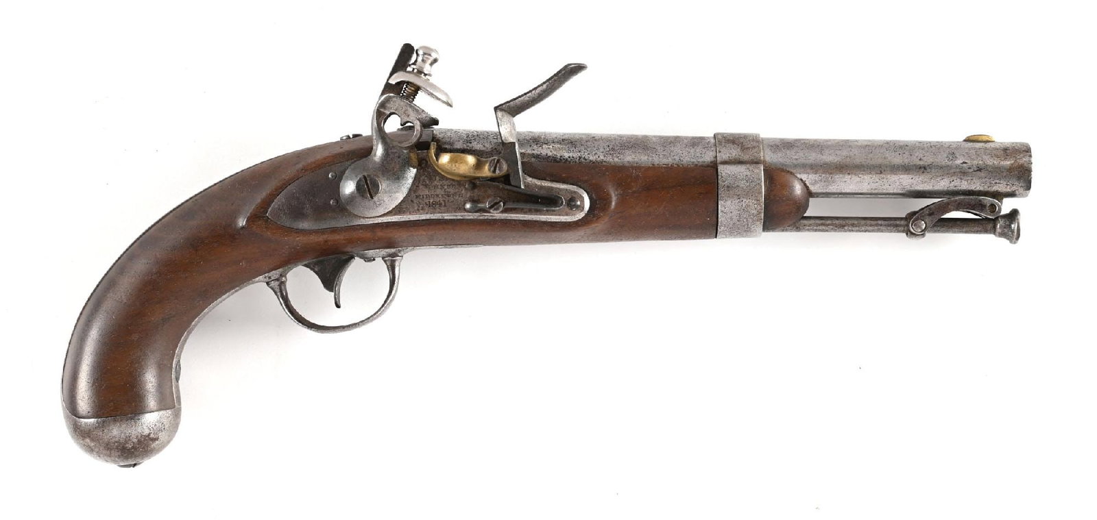 (A) US MODEL 1836 FLINTLOCK PISTOL BY R. JOHNSON.: The last official US issued flintlock pistol. Lock is stamped "R. JOHNSON MIDDn CONN 1841". Barrel breech has the "JCB" inspector stamp along with proof "P", and "US". Features small brass front sight