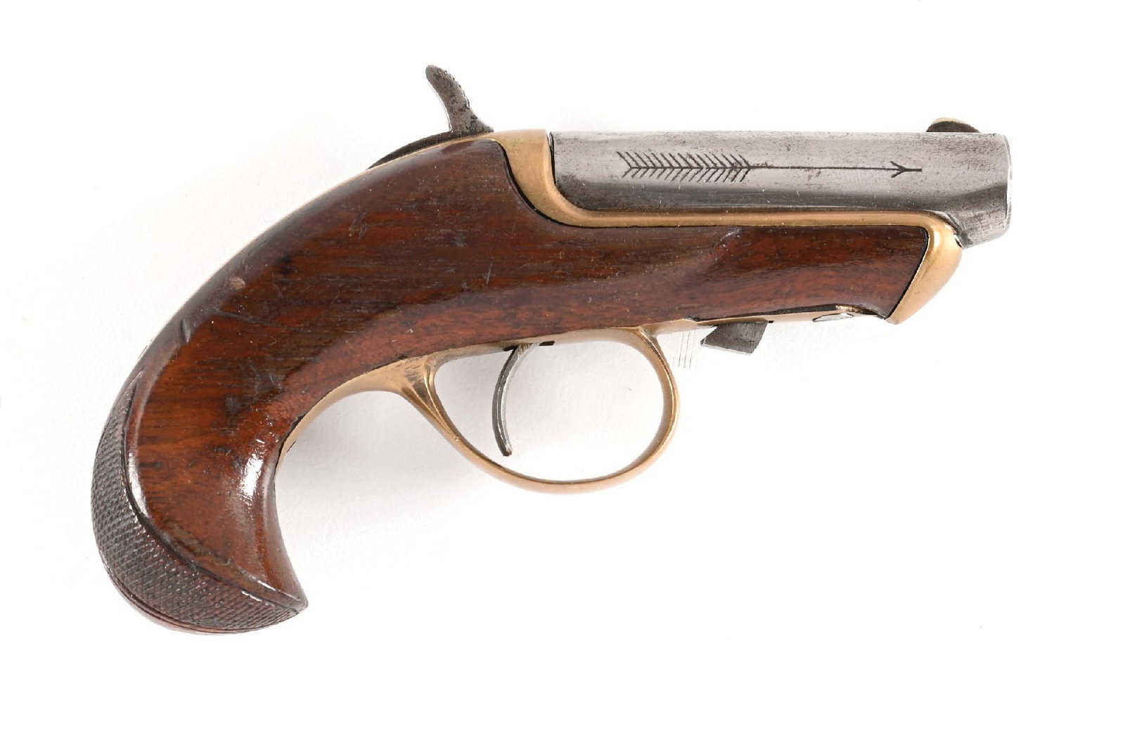 (A) WILLIAMSON .41 RF DERRINGER PISTOL WITH PERCUSSION CHAMBER INSERT.: These convertible derringers were built by David Williamson in New York City and by the National Firearms Co. of Brooklyn circa 1866 through 1870. It utilized the Moore's patent and was made to fire t
