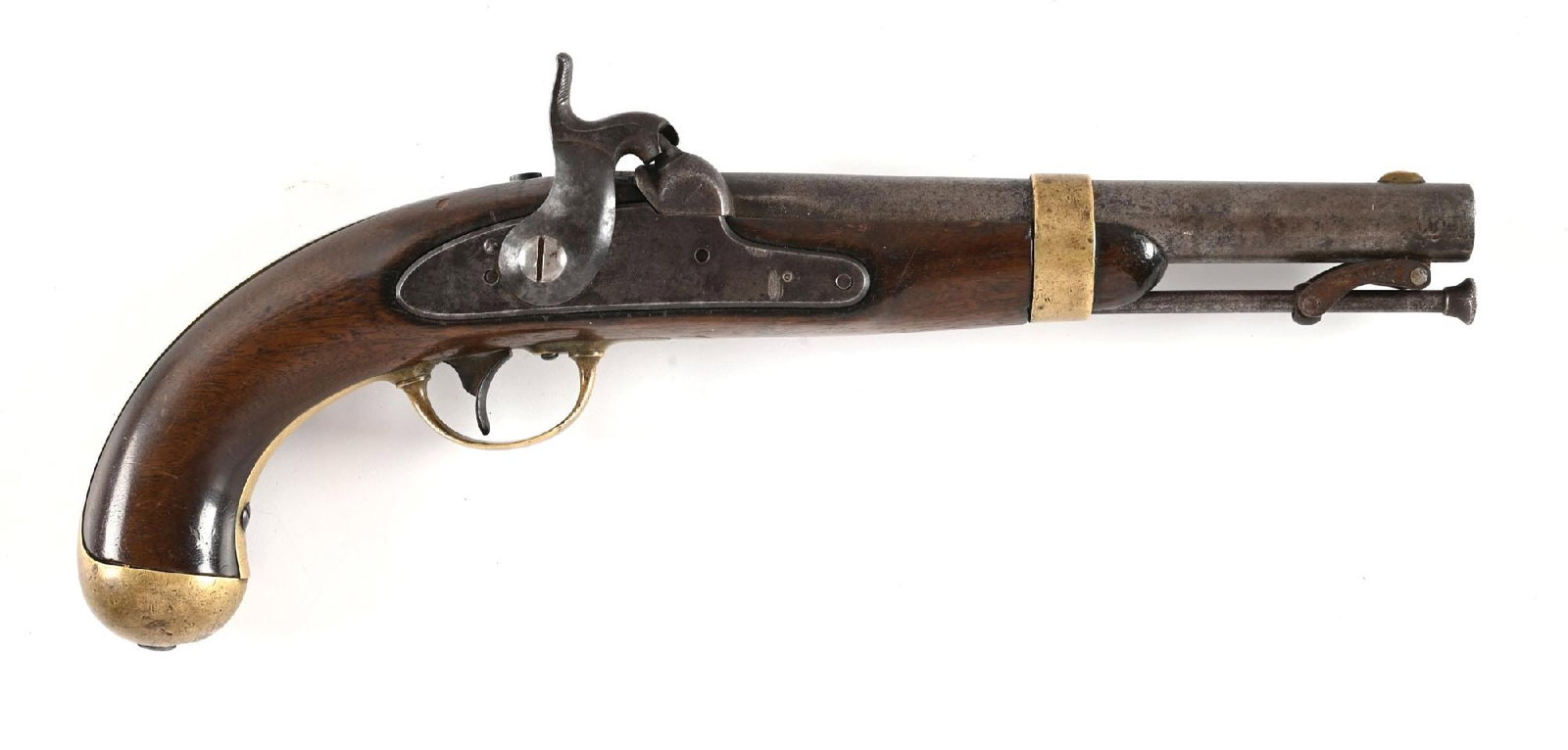 (A) US MODEL 1842 PERCUSSION PISTOL BY JOHNSON.: Approximately 10,000 of these were produced by Johnson from 1853 through 1855. Back of lock is dated 1853 with "MIDDtn CONN". Center is stamped "IN Johnson US". Features the single brass barrel band, 