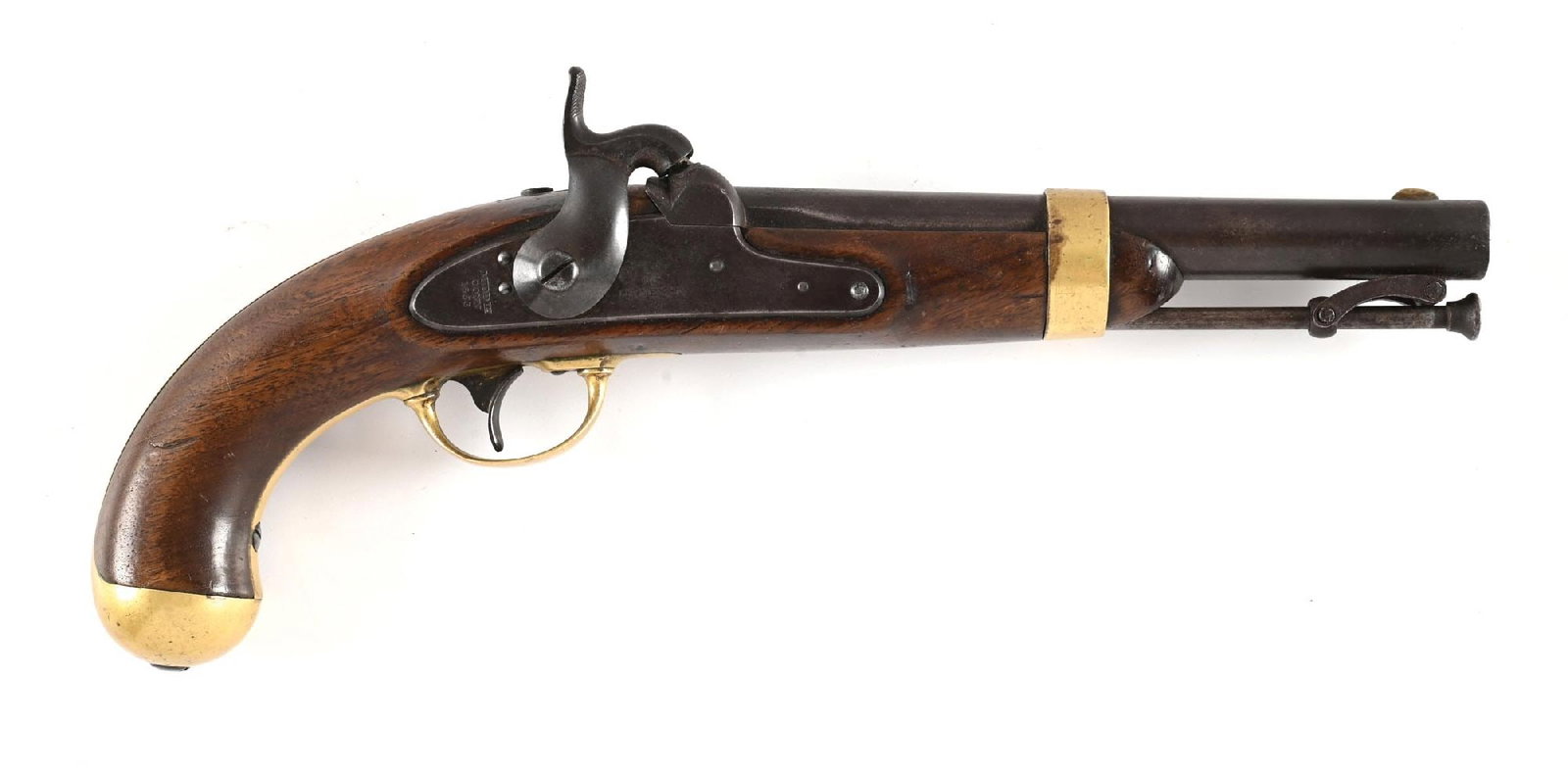 (A) US MODEL 1842 PERCUSSION PISTOL BY I.N. JOHNSON.: This example is dated 1853 on lock along with "I.N.JOHNSON", "US", and "MIDDtn". Barrel breech is stamped with "JCB" inspector mark along with proof "P", "US", and sub inspector "K". Features iron har