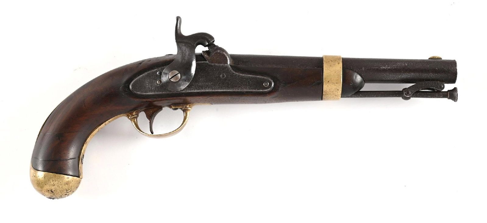 (A) US MODEL 1842 PERCUSSION PISTOL BY JOHNSON.: Approximately 10,000 of these were produced by Johnson from 1853 through 1855. Back of lock is dated 1855 with "MIDDtn CONN". Center is stamped "IN Johnson US". Features the single brass barrel band, 