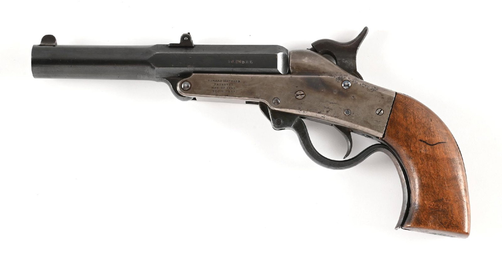 (A) MASSACHUSSETS ARMS CO MAYNARD 1865 LEVER ACTION CARBINE CONVERTED TO A PISTOL. (1 of 2)
