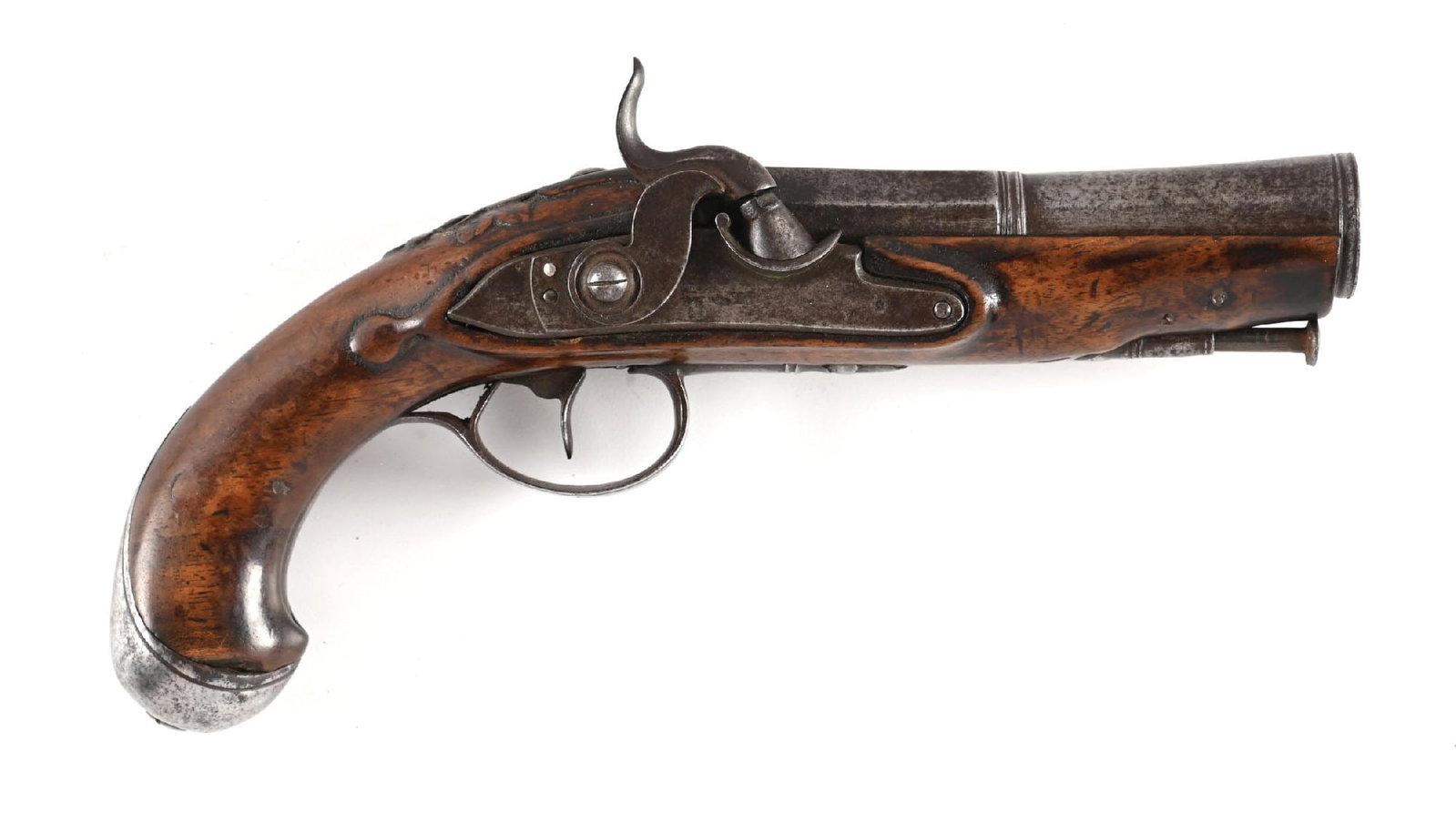 (A) CONTINENTAL PERCUSSION BLUNDERBUSS PISTOL.: No maker legends or legible proof marks. It features all iron hardware and furniture and a metal ramrod. The one piece walnut stock is hand carved at upper tang. CONDITION: Very good. All metal is age