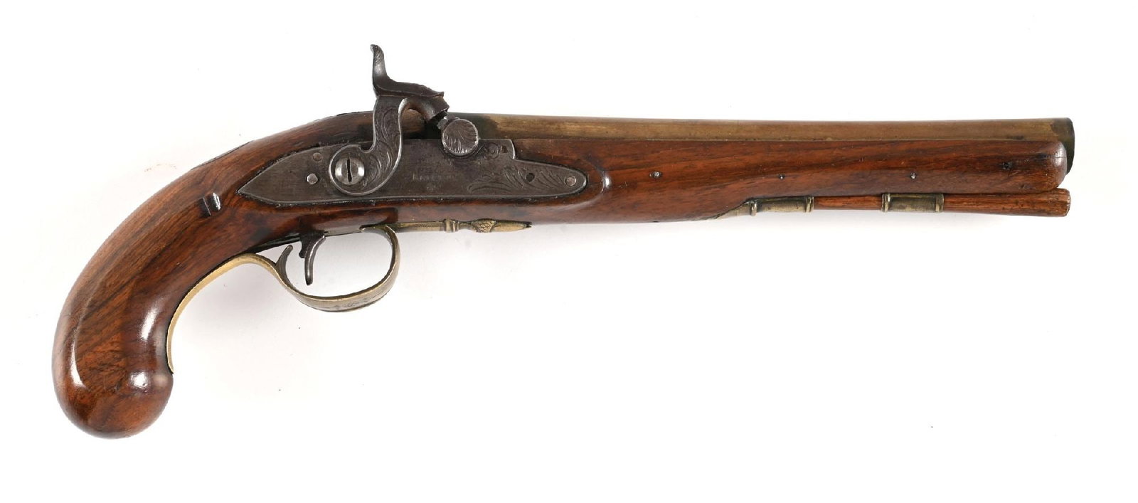 (A) ENGLISH BRASS BARRELED PERCUSSION PISTOL BY KETLAND.: This famous English firm was founded in the mid 18th century by Thomas Ketland. Converted from flintlock with a drum-style conversion, swamped brass barrel, lightly engraved lock stamped "Ketland & Co
