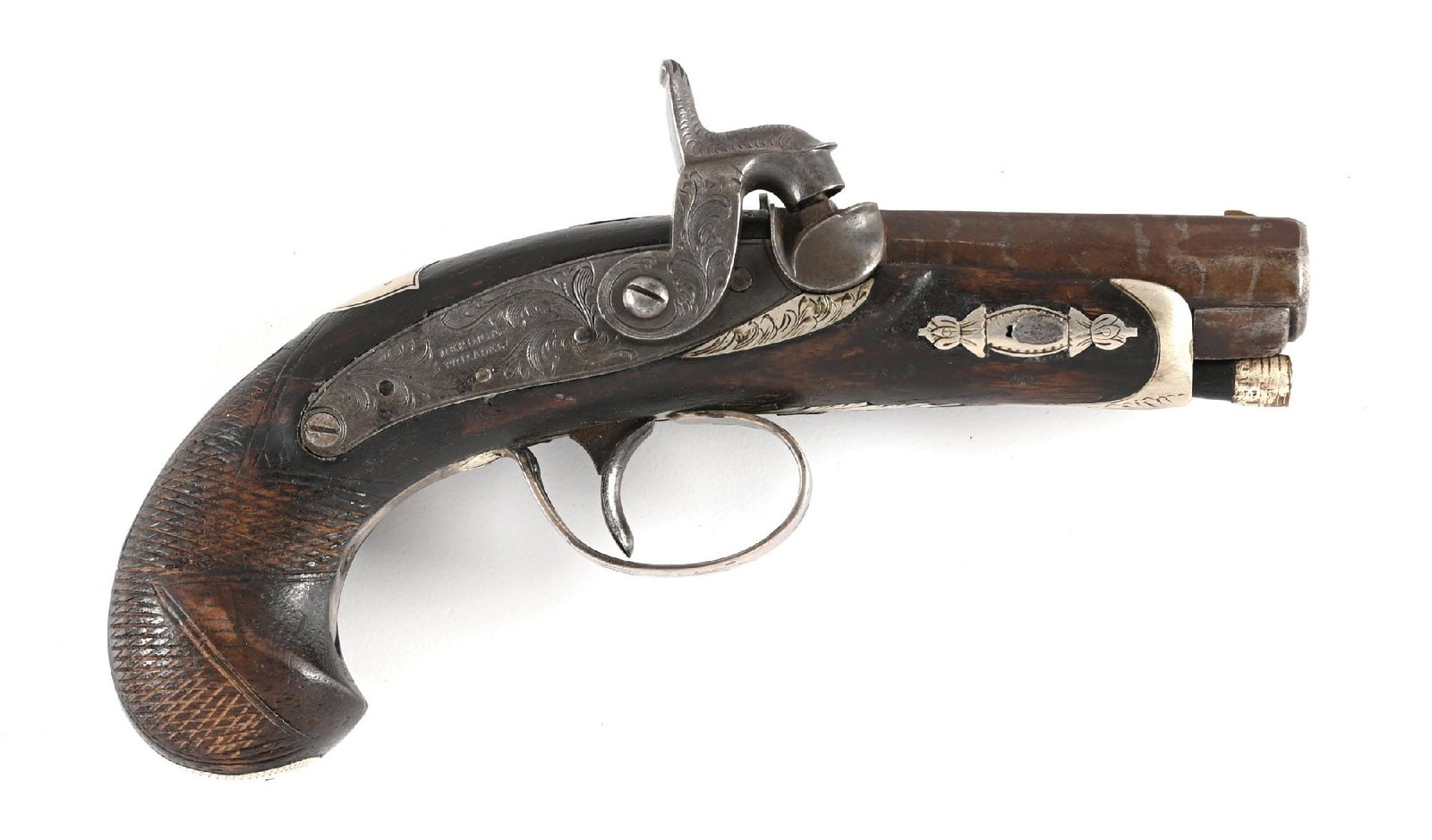 (A) HENRY DERINGER PERCUSSION POCKET PISTOL DATED 1854.: This pistol appears to have a replaced checkered walnut stock and replaced trigger guard but both appear to be period. There is an additional plate at back strap dated 1854 along with the shield escut
