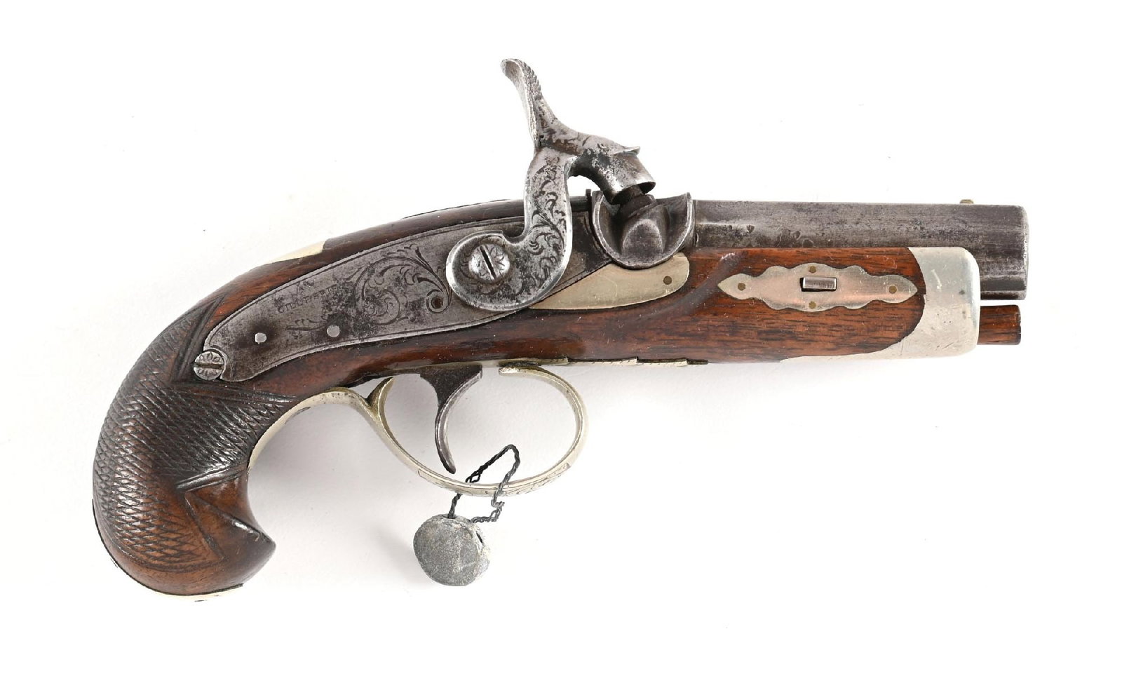 (A) FINE AND SCARCE GILLESPIE RETAILED DERRINGER PERCUSSION POCKET PISTOL.: Circa 1850-60s. George D.H. Gillespie was a New York City retailer. This pocket derringer is built along the lines of a Henry Deringer type and was most likely made by another New York gunmaker and re