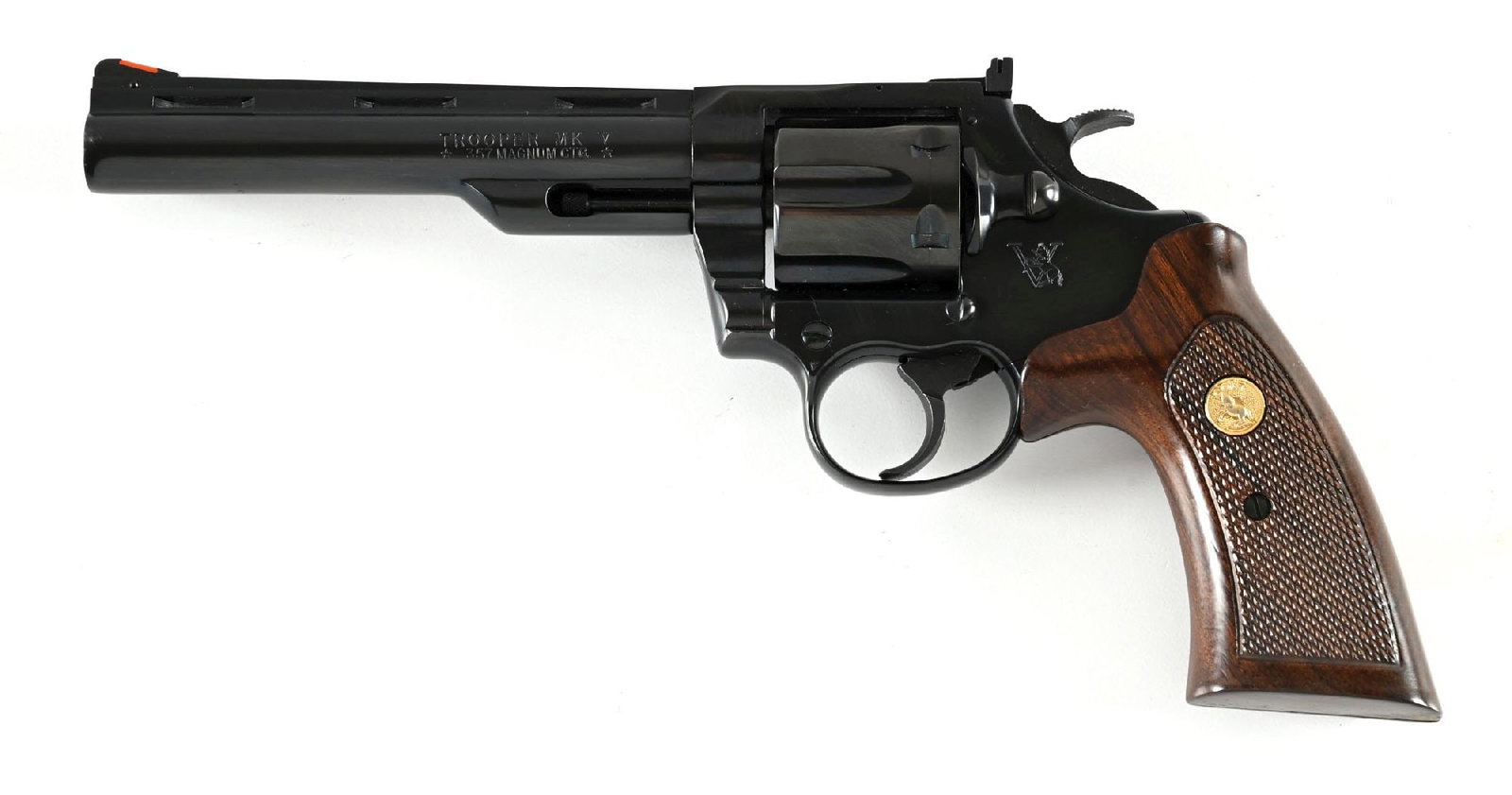 (M) COLT TROOPER MK V .357 MAGNUM DOUBLE ACTION REVOLVER WITH BOX.: Features the blue finish, vent rib, red insert front sight, adjustable rear sight, and Colt checkered walnut grips with medallions. Comes in matching number box with paperwork. CONDITION: Retains virt