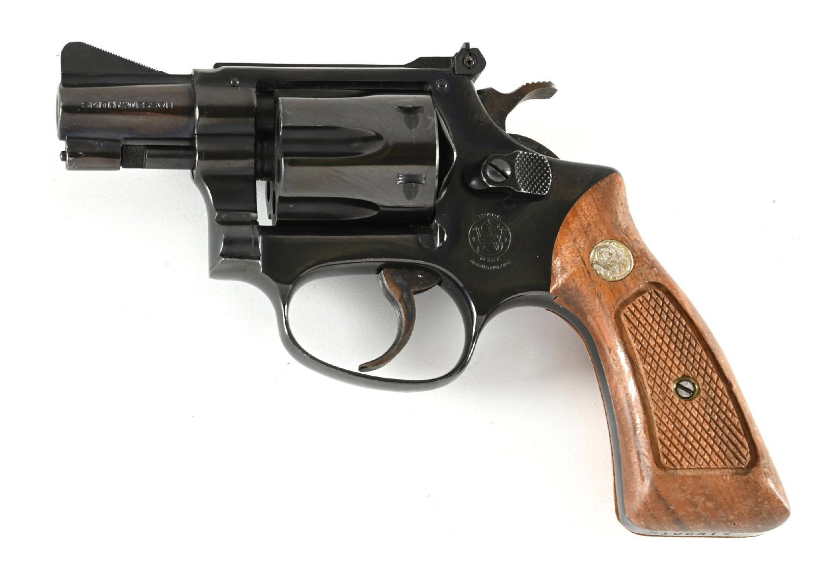 (M) SMITH & WESSON MODEL 1953 34-1 KIT GUN DOUBLE ACTION REVOLVER.: Dates to 1978-79. Built on round butt 3-screw J frame with pinned barrel, recessed chambers, serrated ramp front sight, adjustable target rear sight, case colored hammer and trigger, blue finish, and 