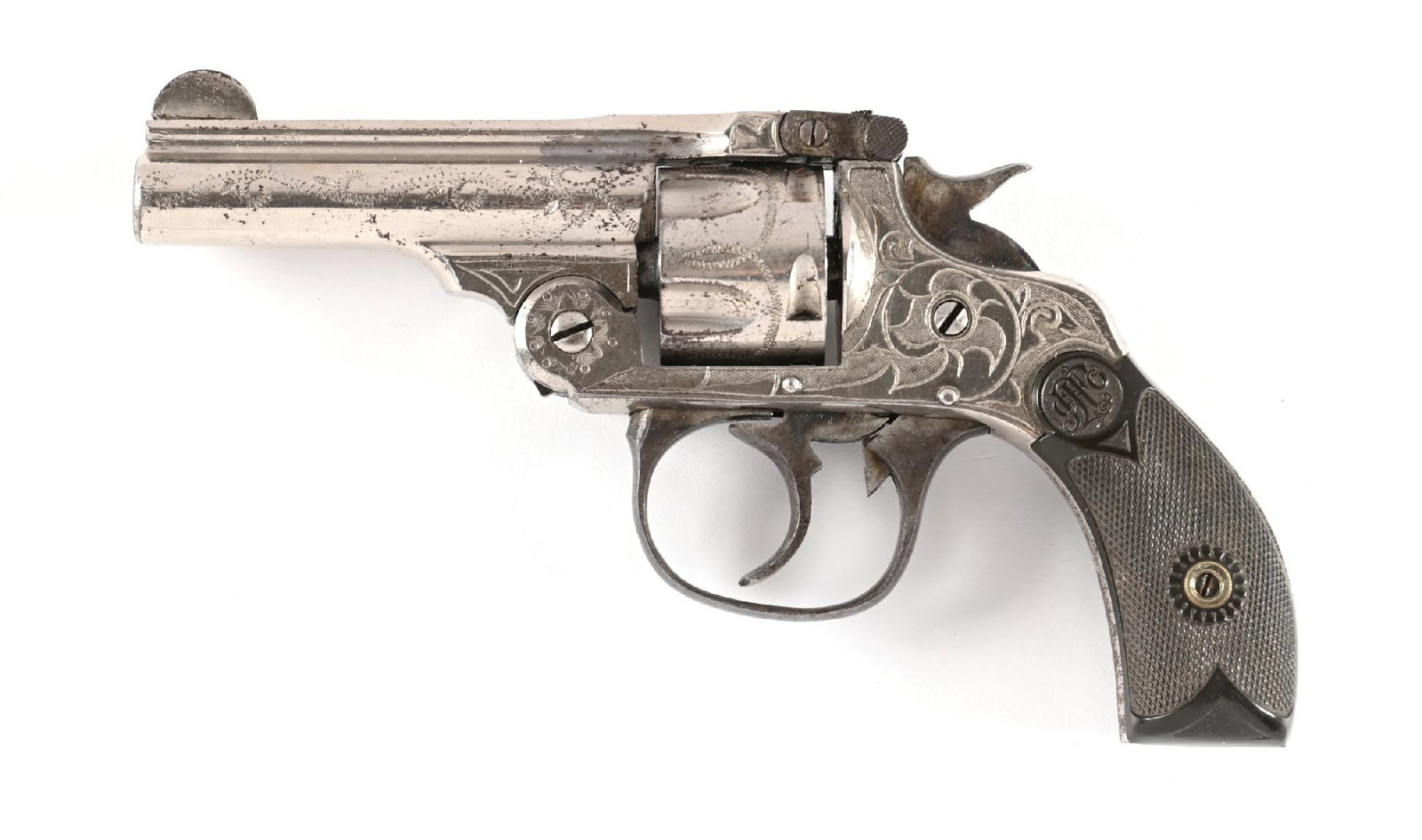 (C) FACTORY ENGRAVED ANDREW FREYBERG & CO. DOUBLE ACTION REVOLVER.: Andrew Freyberg and Company was formed in Worcester, Massachussets in 1898. Andrew had been working in the gun business for over twenty years at that point for both Iver Johnson and C.S. Shattuck.