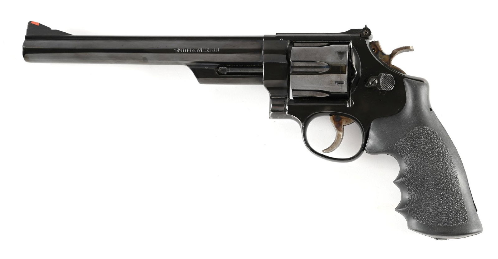 (M) SMITH & WESSON MODEL 25-5 DOUBLE ACTION REVOLVER.: Dates to 1979-80. Built on the 3-screw N-frame with pinned barrel, standard blue finish, adjustable rear sight, red insert front sight, case colored wide spur hammer, wide trigger, and Pachmayr