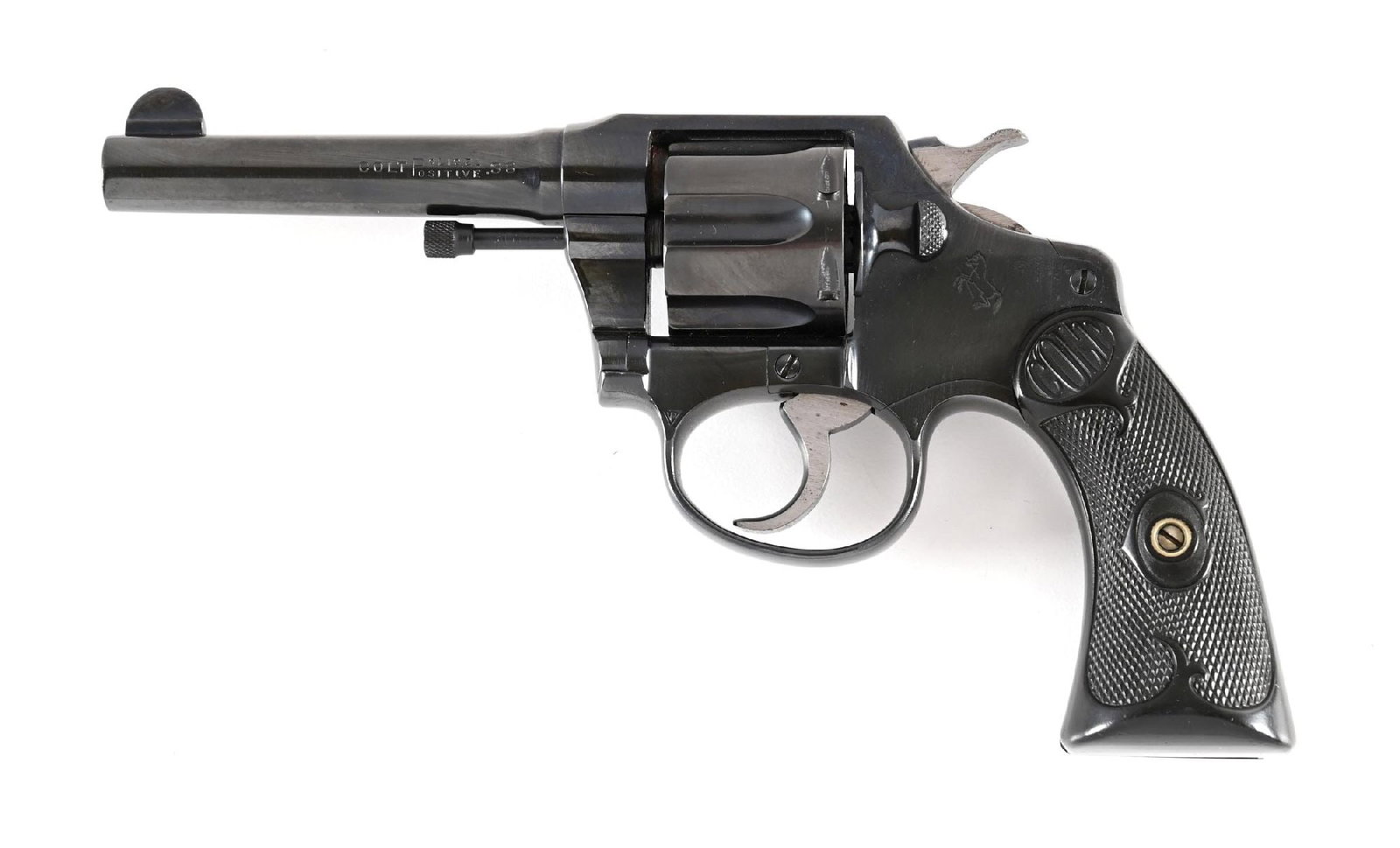 (C) COLT POLICE POSITIVE .38 COLT DOUBLE ACTION REVOLVER.: Dates to 1914. Standard with blue finish, fixed sights, and Colt gutta percha grips. Colt legend on top barrel, ".38" stamped on left side of barrel, and Colt pony on frame. Four boxes of custom Old