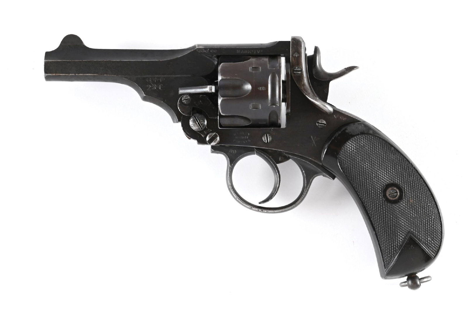 (C) AUSTRALIAN QUEENSLAND POLICE WEBLEY MARK IV DOUBLE ACTION REVOLVER.: Finished in arsenal brushed blue with half moon front sight, notch rear, shaved cylinder, 2-piece checkered composition grips, and a lanyard loop. Marked on frame on both sides of the barrel with a