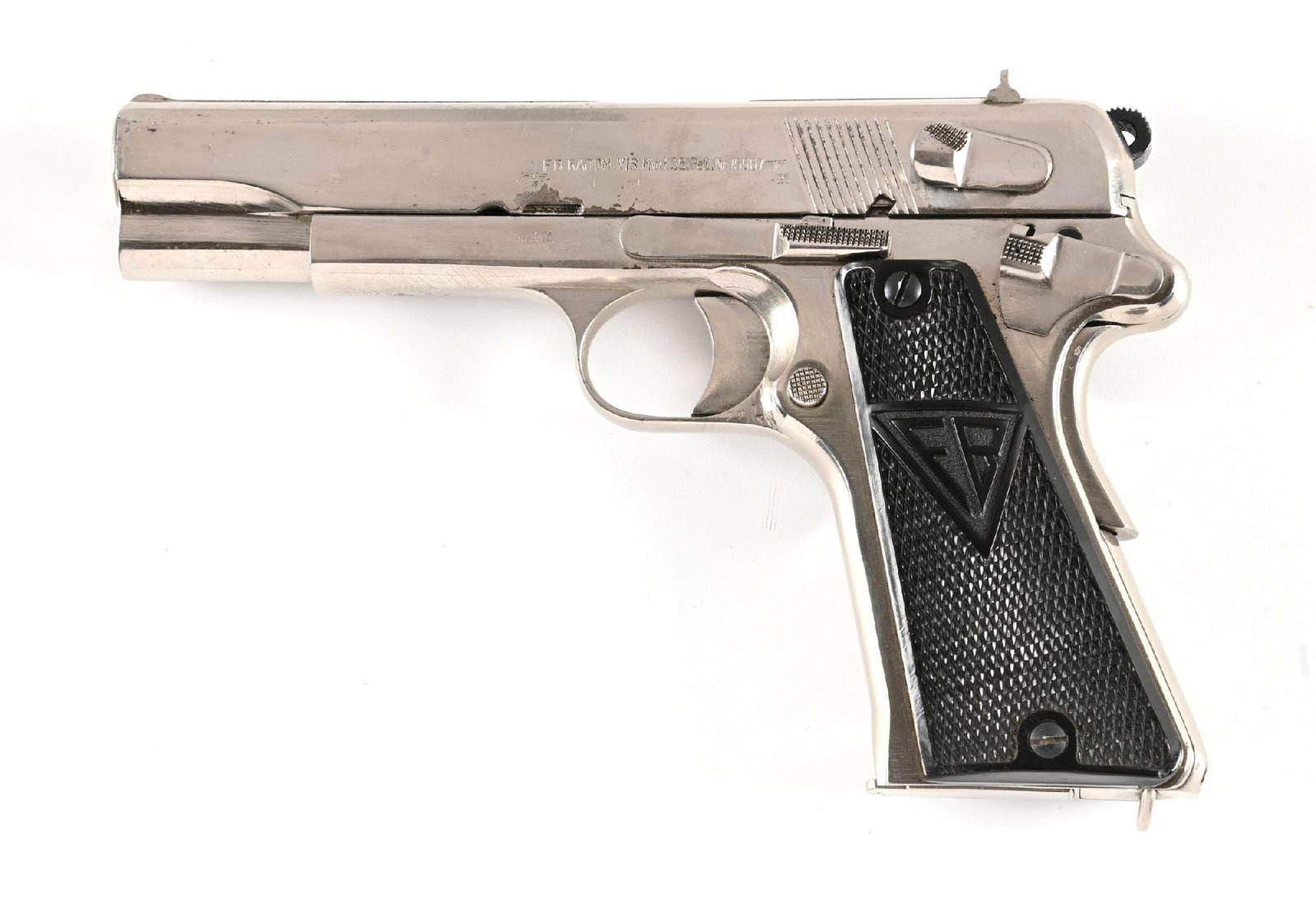 (C) POLISH RADOM VIS 35 SEMI AUTOMATIC PISTOL WITH GERMAN MILITARY INSPECTIONS.: The C code dates to 1941-42 era. The left side of slide and frame exhibit several waffenamt inspector stamps including "WaA 77". Standard mid-war features including the VIS monogram checkered black gr