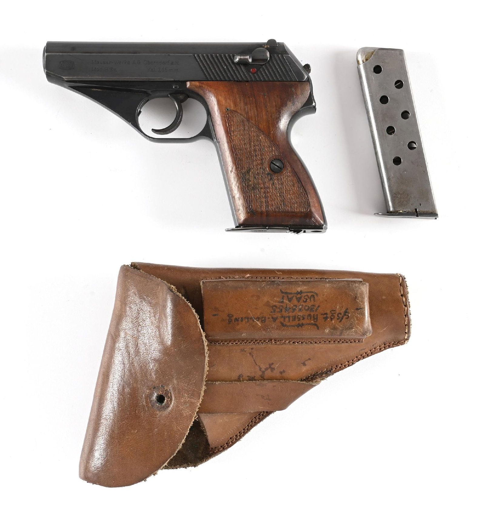 (C) IDENTIFIED MAUSER HSC SEMI-AUTOMATIC PISTOL WITH HOLSTER.: Early commercial production with eagle "N" nitro proof on trigger guard. High polish blued finish with matted sight channel, blade front sight, and drift adjustable rear. 2-piece checkered walnut grip