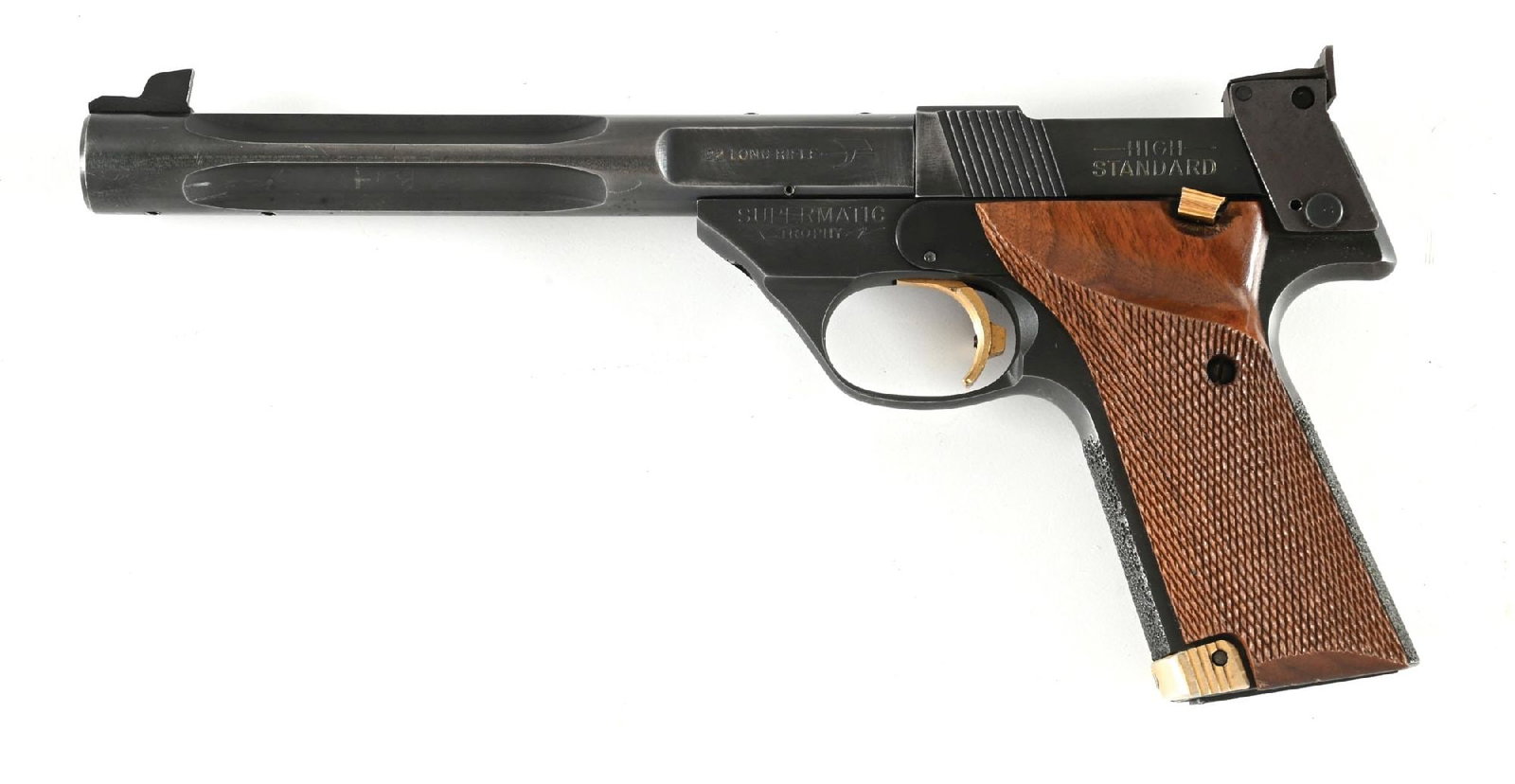 (M) HIGH STANDARD SUPERMATIC TROPHY SEMI-AUTOMATIC TARGET PISTOL.: The SH prefix series was introduced in 1982 after the move to East Hartford where this gun was produced between 1982 through 1984. This model was one of the most advanced target .22 pistols of its era