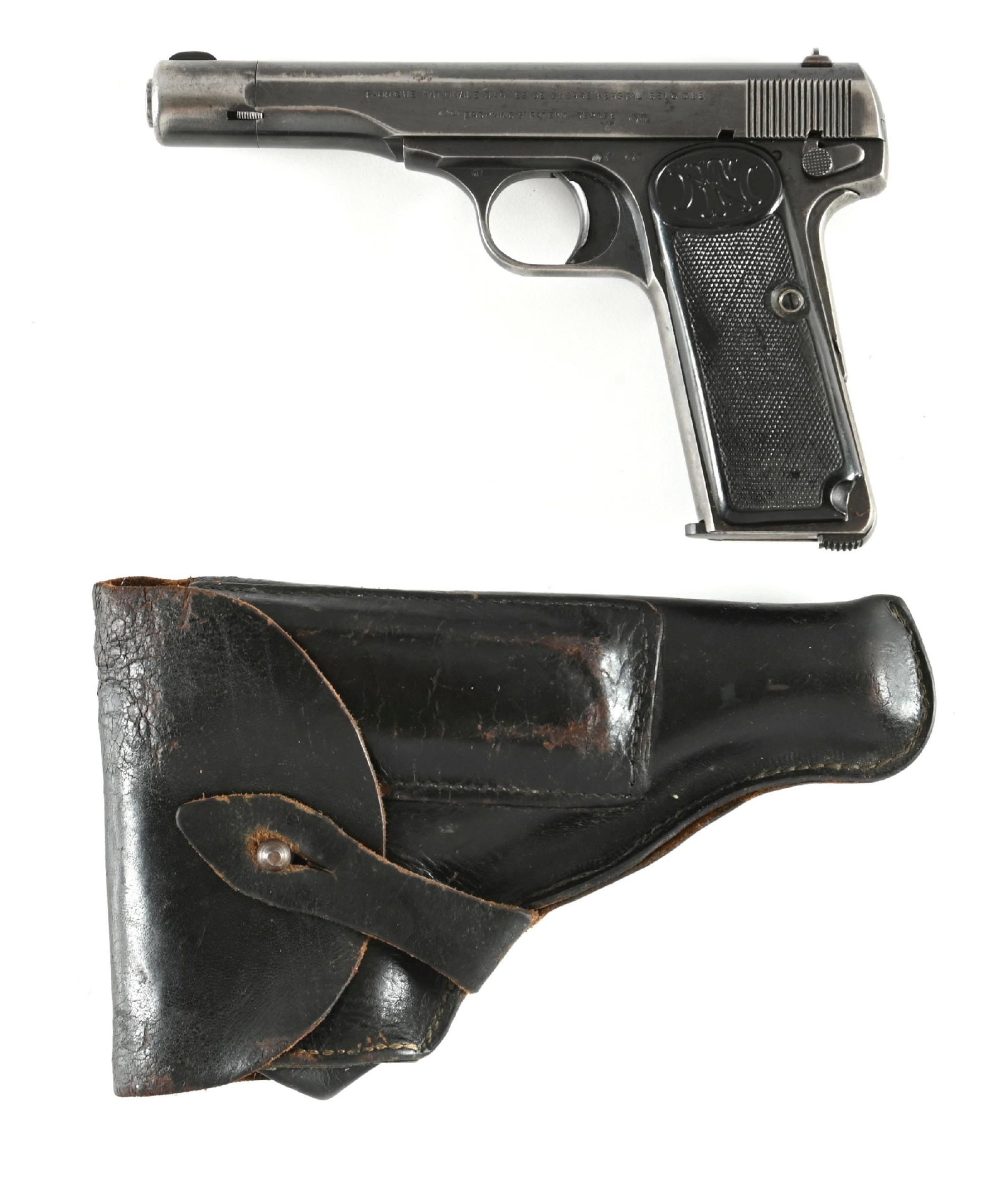 (C) WWII F.N HERSTAL 1922 SEMI-AUTOMATIC PISTOL WITH GERMAN MILITARY MARKINGS.: All matching numbers including the barrel extension. The left side of slide is stamped with "WaA/103" and "(eagle) / (swastika)" inspection stamps, which are also found on frame. Standard blue finish 