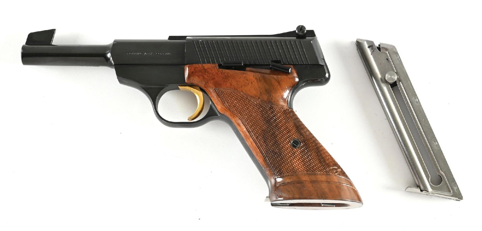 (C) EARLY BROWNING CHALLENGER SEMI-AUTOMATIC PISTOL WITH CASE.: Made in Belgium, this pistol is date coded to 1965 and comes in the early style red and black two piece plastic box. Features the scarcer short barrel, standard blue finish, target adjustable rear sig