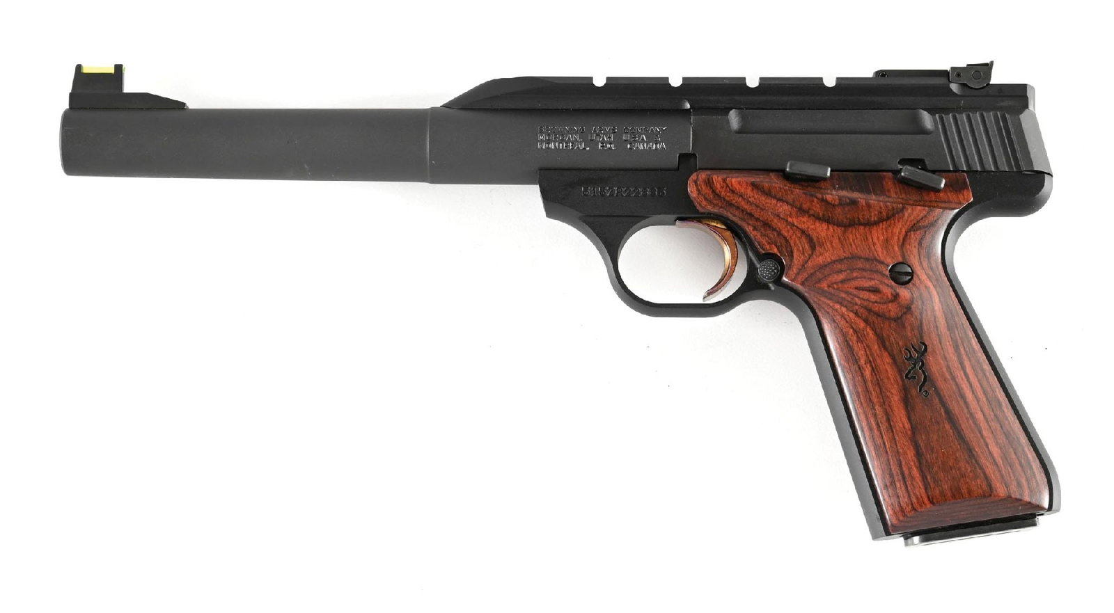 (M) BROWNING BUCKMARK SEMI-AUTOMATIC TARGET PISTOL WITH BOX: The American made Buckmark target pistol in this configuration was first offered in 1985. It features a matte black finish, sports an adjustable rear sight, a green fiber optic front bead, a Picatinny