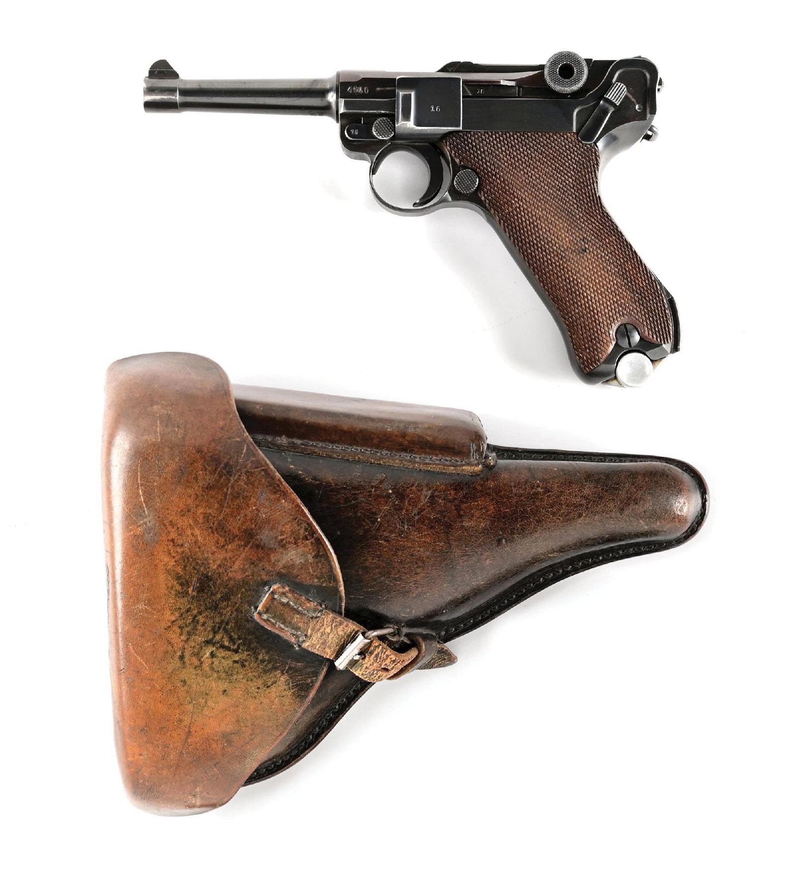 (C) MAUSER 42 CODE P.08 LUGER SEMI-AUTOMATIC PISTOL WITH HOLSTER.: Dated "1939" over the chamber. Blued finish including small parts. Standard sights. Right side of the upper has a pair of stick eagle over large "63" and eagle firing proofs. 2-piece checkered walnut 