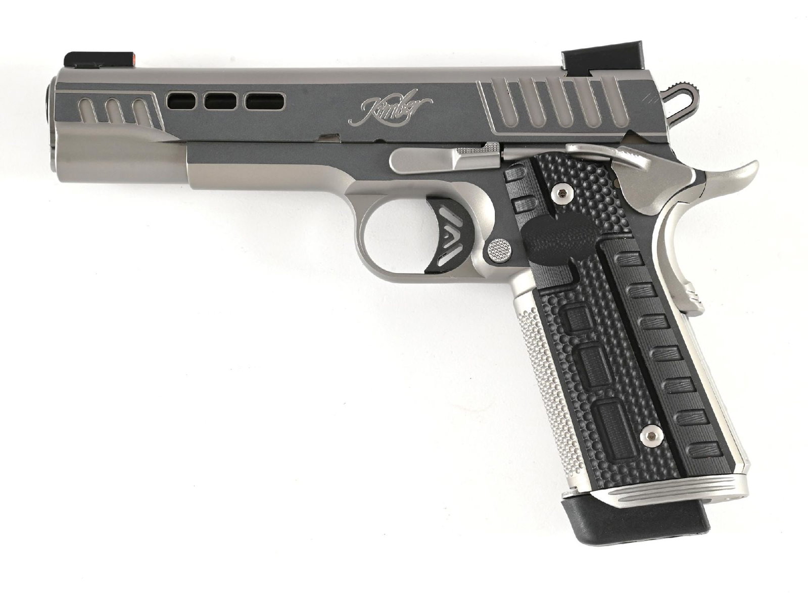 (M) KIMBER RAPIDE BLACK ICE .45 ACP 1911 SEMI-AUTOMATIC PISTOL.: TruGlow TFX Pro sights with hybrid tritium and fiber optics, iconic Kimber Rapide slide lightening and cocking serrations, DLC coated barrel, Kimber Stiplex stippling, and Rapide grip scales. Magazine