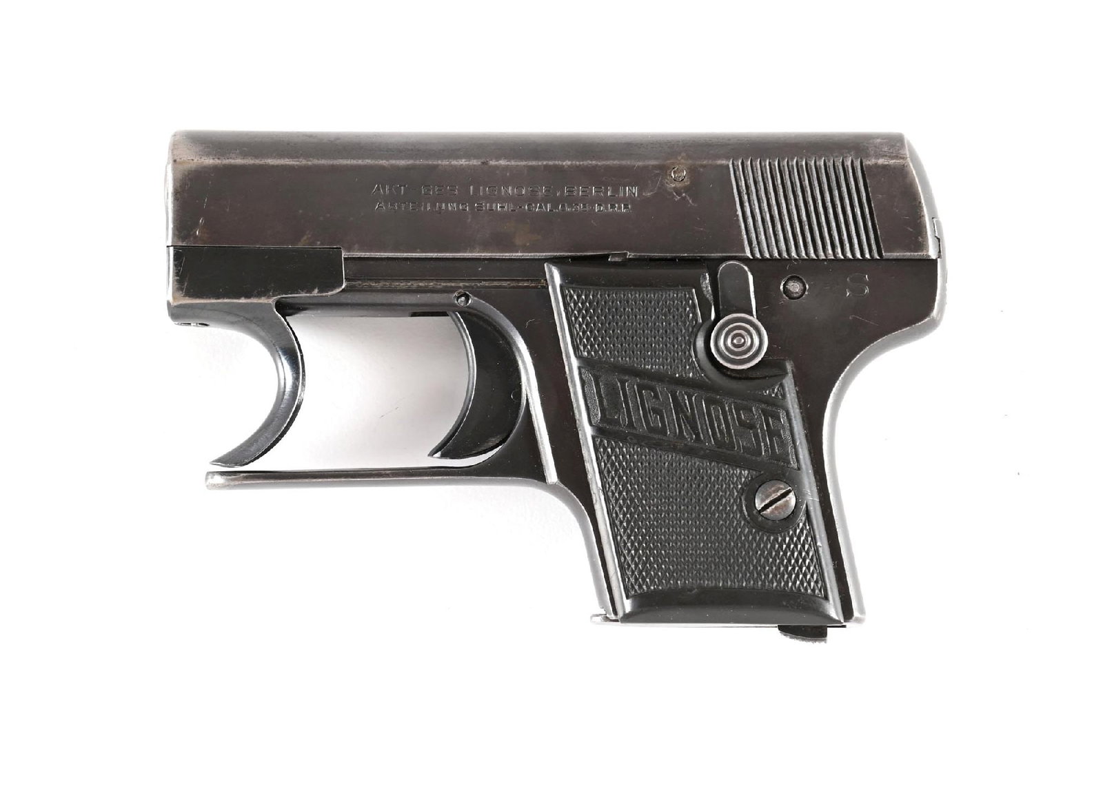 (C) LIGNOSE MODEL 2A EINHAND SEMI-AUTOMATIC POCKET PISTOL.: This seldom seen pocket pistol was only produced from 1921 through 1928. Made in Berlin, Germany. The word "Einhand" translates to "One Hand" in which the slide is retracted by a front trigger like me