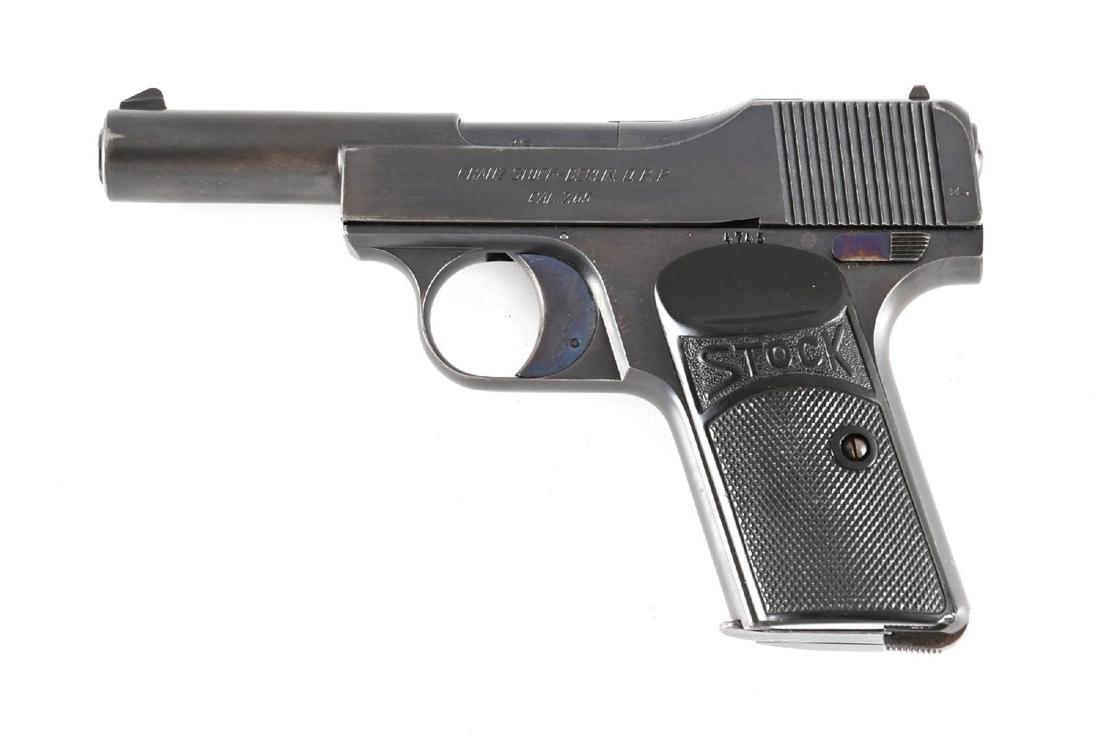 (C) FRANZ STOCK MODEL I .32 ACP SEMI-AUTOMATIC PISTOL.: This pistol was produced in Berlin from the 1920s through the 1930s and has the D.R.P patent stamp, the crowned "N" German proof mark as well as a Miami import stamp on frame. Finish is blue with the 