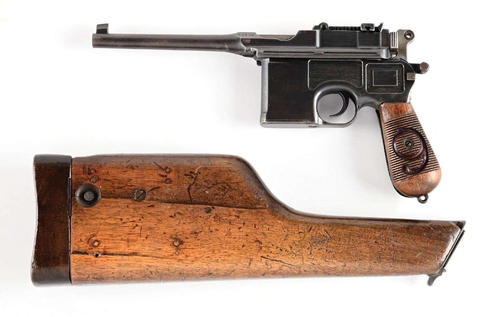 (C) MAUSER C96 RED 9 BROOMHANDLE SEMI-AUTOMATIC PISTOL WITH STOCK HOLSTER. (1 of 2)