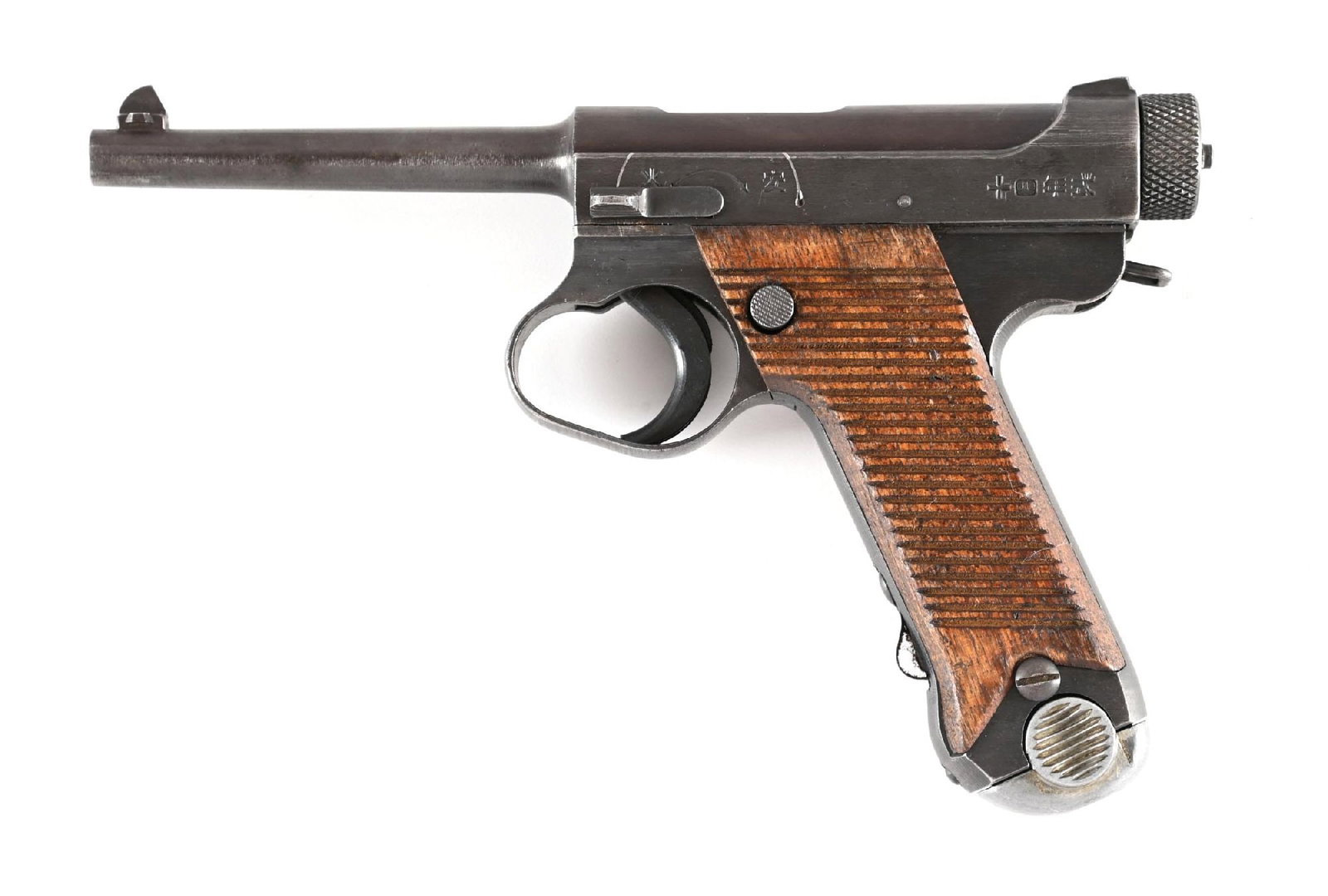 (C) TORIIMATSU TYPE 14 8MM NAMBU SEMI-AUTOMATIC PISTOL.: This is a standard late war pistol produced in 1944 with the wartime arsenal blue finish and the serrated walnut grips. The blued body alloy base magazine is numbered "982". Grips are stamped "2034". 