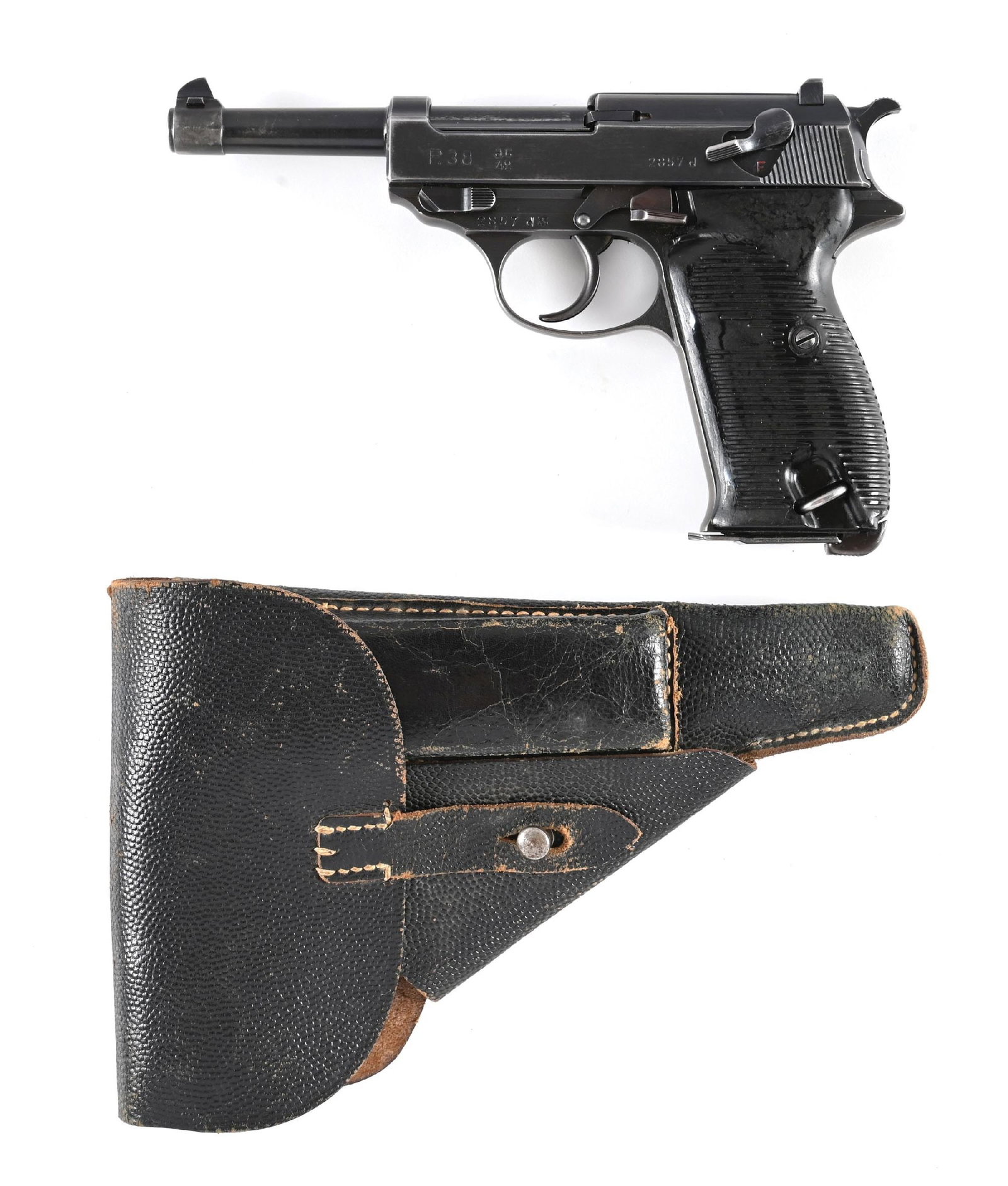 (C) WALTHER AC 42 CODE P.38 SEMI-AUTOMATIC PISTOL WITH HOLSTER.: Manufactured in 1942. Standard blued finish with blade front sight, u-notch rear, and dark mottled brown grips. Matching numbers observed on frame, barrel, and block. No visible import markings. Magaz