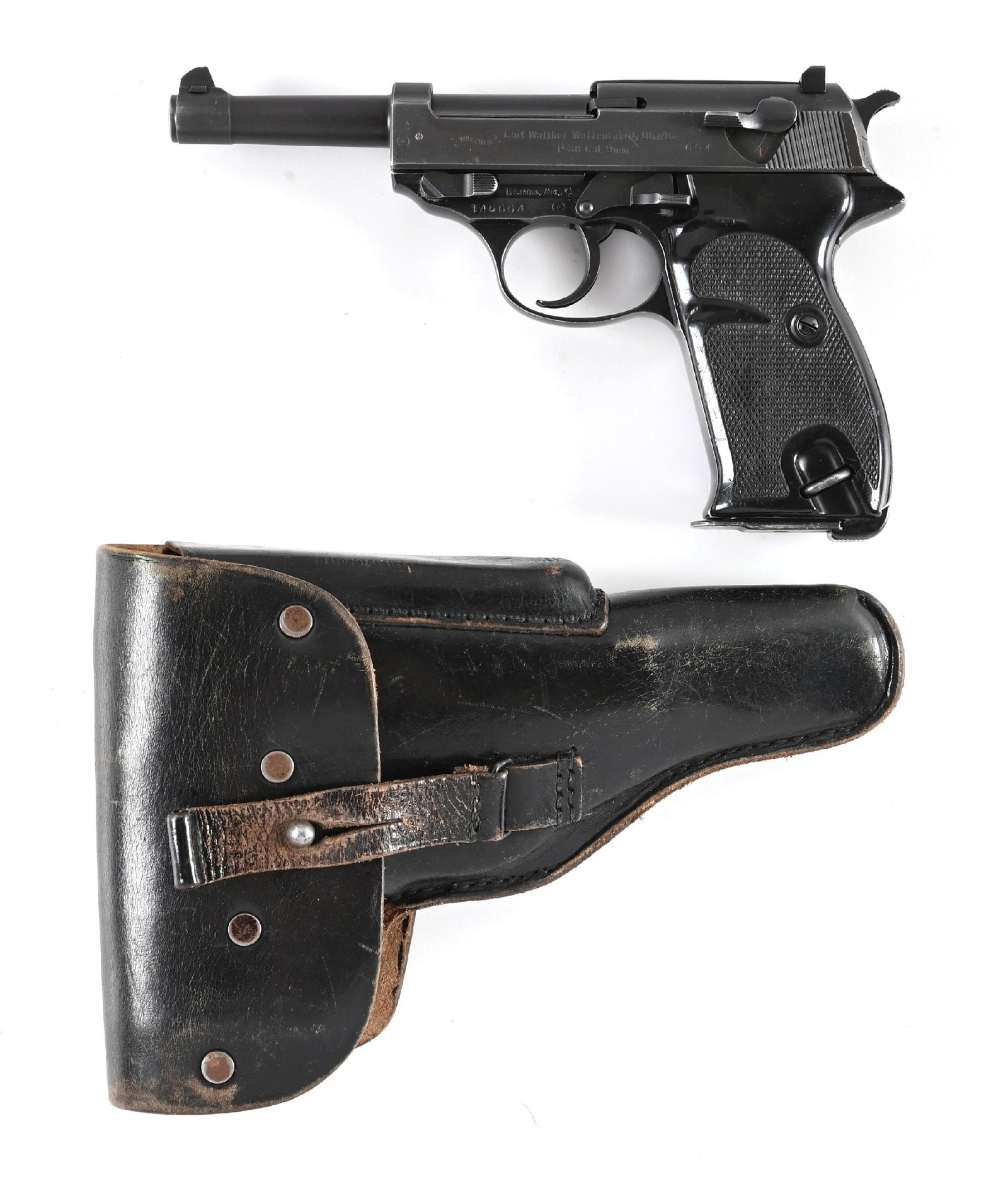 (C) WEST GERMAN BMI WALTHER P.38 SEMI-AUTOMATIC PISTOL WITH BOX AND HOLSTER.: Dated "10/61". Standard West German proofs and lined out "BMI", Federal Ministry of the Interior stamp indicating German police issue. Phosphate finished upper assembly with standard sights and alloy 