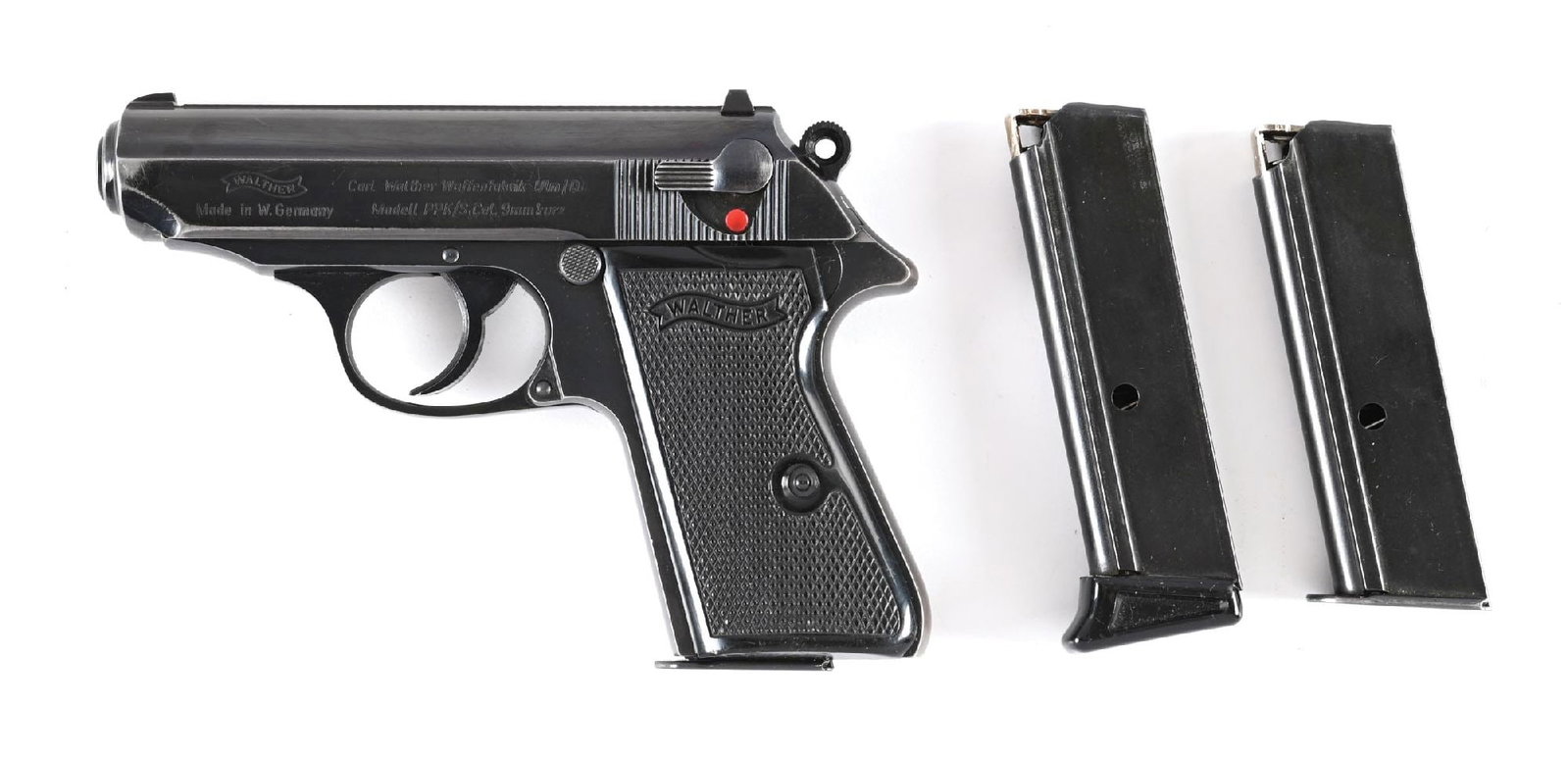 (C) WEST GERMAN WALTHER PPK/S .380 ACP SEMI-AUTOMATIC PISTOL WITH BOX.: Manufactured in 1972 and imported by Interarms as is marked on the right side of the slide. Finished in blued with a matted slide rib with fixed white dot front sight and drift adjustable rear.