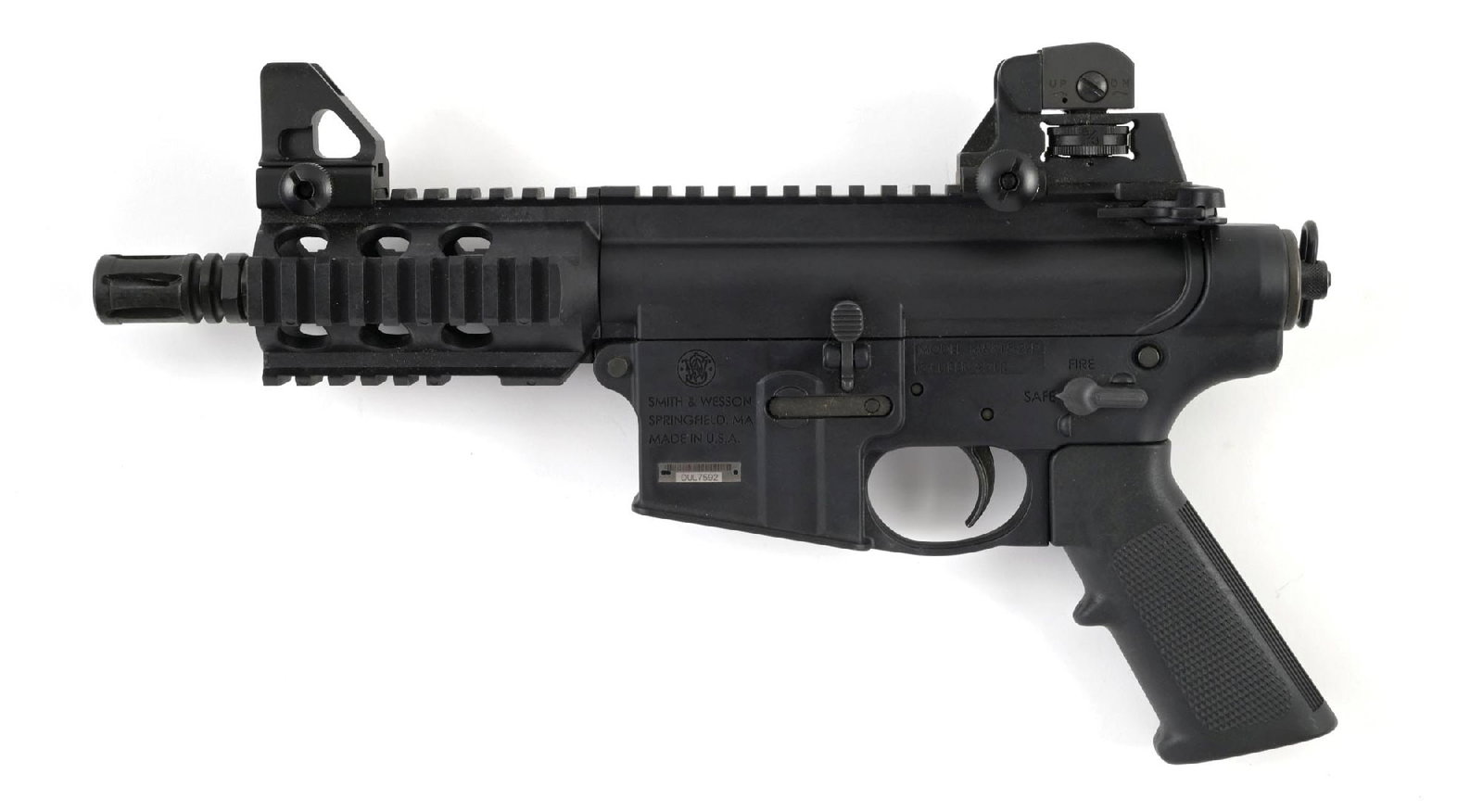 (M) SMITH & WESSON M&P 15-22P SEMI-AUTOMATIC PISTOL.: Blued barrel with polymer frame and receiver. Black polymer furniture with detachable open sights. No magazine. CONDITION: Excellent. Bright bore with good rifling. Barrel Length: 6" Caliber/Bore: .22