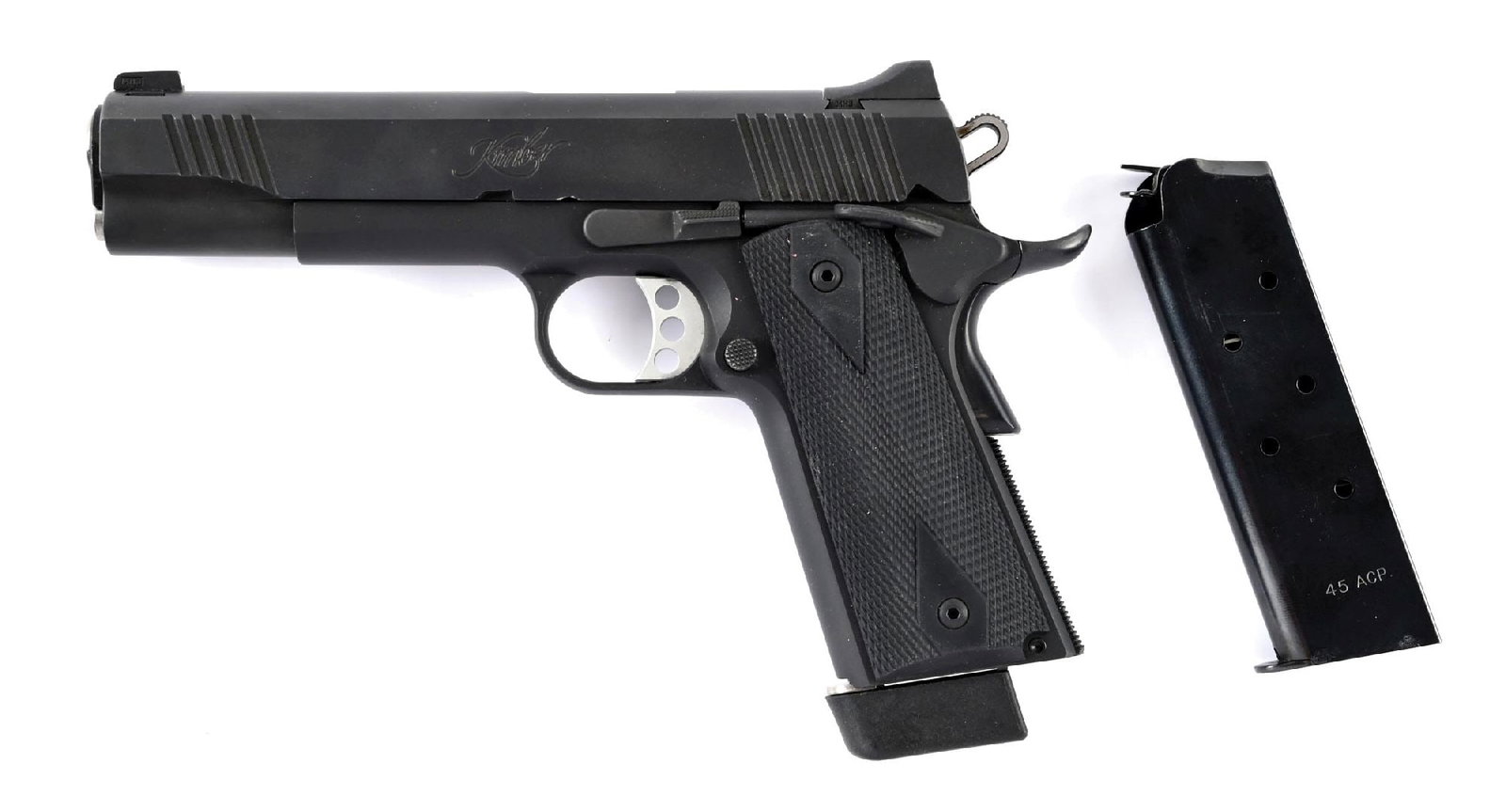 (M) KIMBER CUSTOM II .45 ACP SEMI-AUTOMATIC PISTOL WITH CASE.: Classic configuration with three dot tritium sights, matte black finish, and polymer grips modeled after truncated diamond grips. Kimber branded magazine. With Kimber black plastic case with KimPro