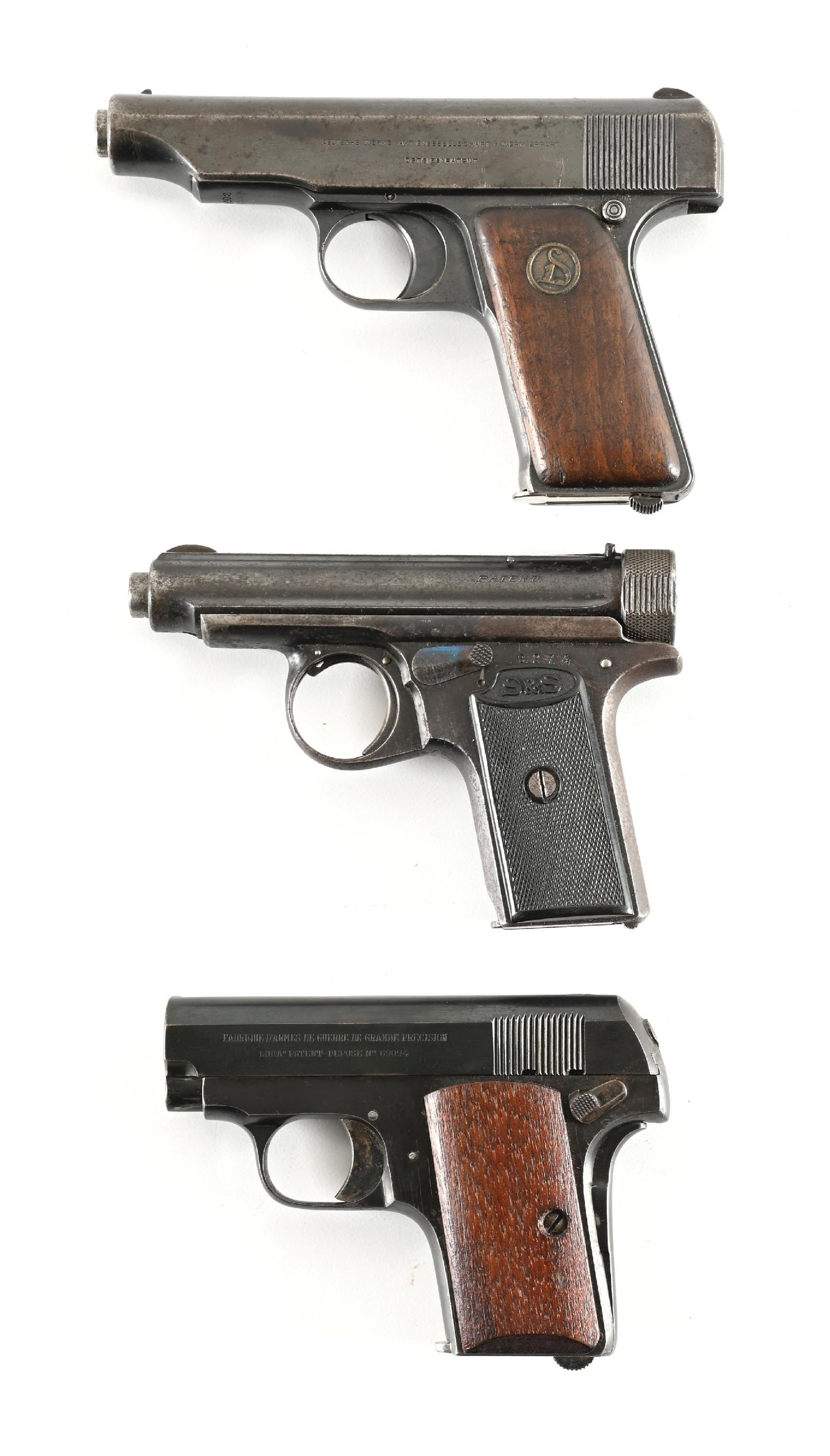 (C) LOT OF 3: WAR ERA EUROPEAN SEMI-AUTOMATIC POCKET PISTOLS.: Lot consists of (A) Deutsche Werke Ortgies. Blue finish, smooth walnut grips with monogram medallions. CONDITION: Fine retaining about 80% blue showing high edge and handling wear. Mechanically sound