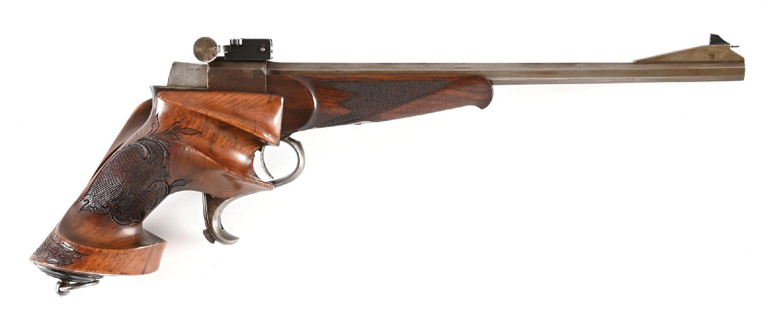 (C) SWISS K. ZIMMERMANN SINGLE SHOT .22 FREE PISTOL.: This target pistol is marked "K. Zimmermann LUZERN" atop its octagon barrel that sports an frame mounted adjustable target rear sight with a blade-on-ramp front sight. Set triggers that can only be