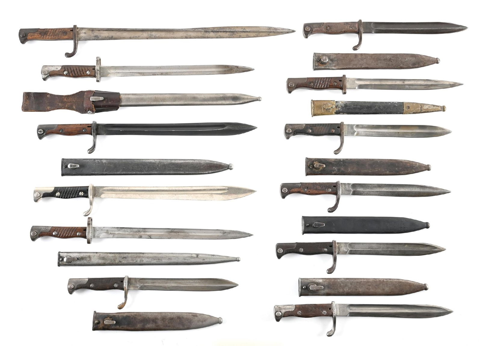 LOT OF 12: GERMAN CONVERTED M98/05 BAYONETS.: Lot consists of 12 German M98/05 bayonets that were converted, cut down, or modified. There are two which were converted by Yugoslavia to CZ-24 bayonets, seven that were cut down, one that is plated