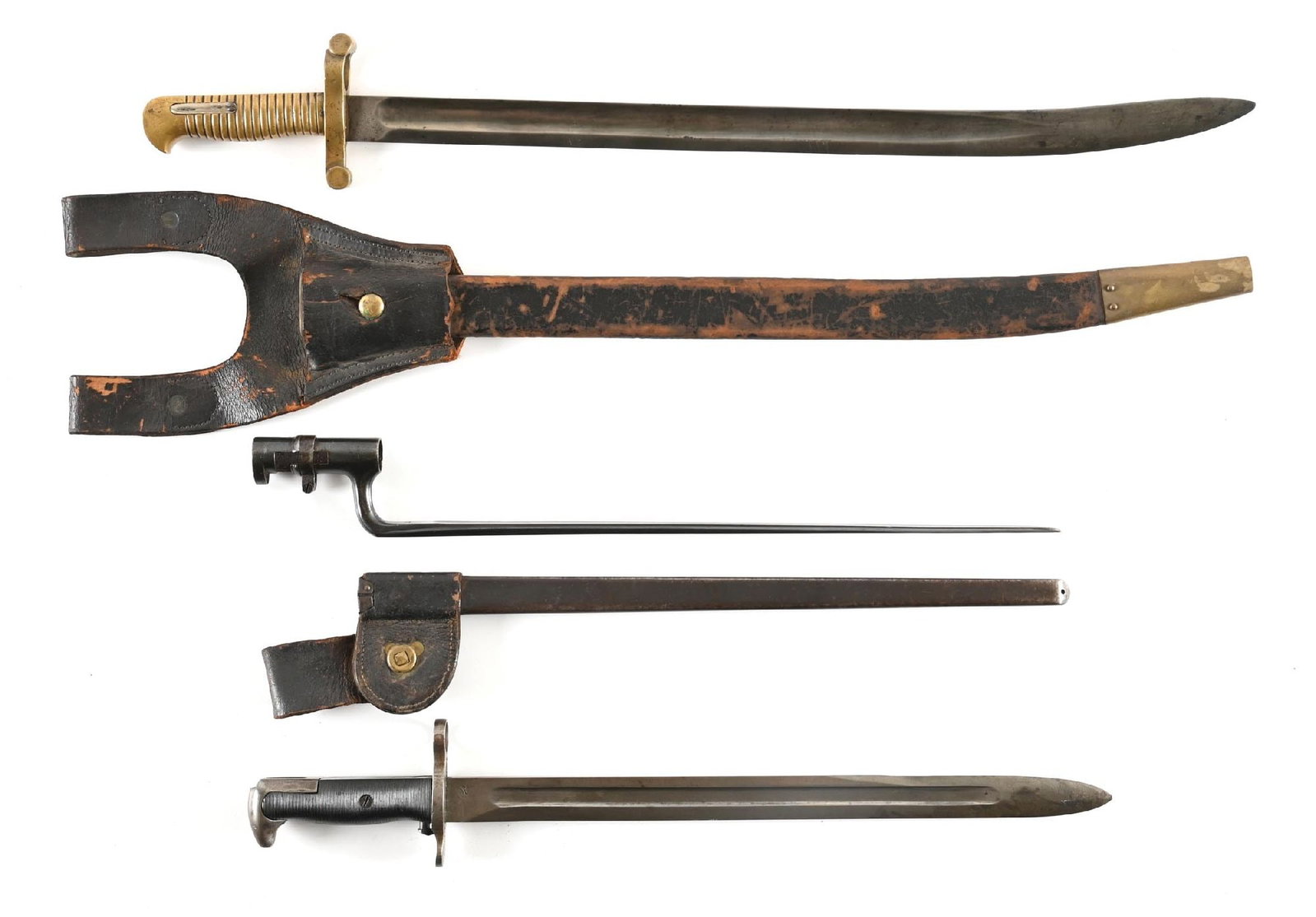 LOT OF 3: US BAYONETS.: Lot consists of: (A) Saber bayonet with unmarked blade. Brass hilt is marked "I / 45 / 8 / I". Blade is rounded. Even patina throughout. Complete with its leather scabbard that features brass mounts a