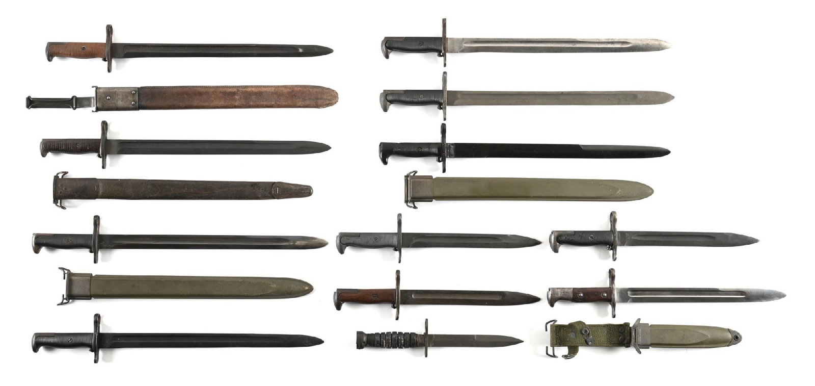 LOT OF 12: US WWI-WWII BAYONETS.: Lot consists of: (A) M1905 bayonet marked "SA / 1917" and "U.S. / 719554". Contained in leather scabbard marked "R.I.A. / 1908 / T.C.". (B) M1905 bayonet marked "SA / 1921" and " U.S. / 1175470".