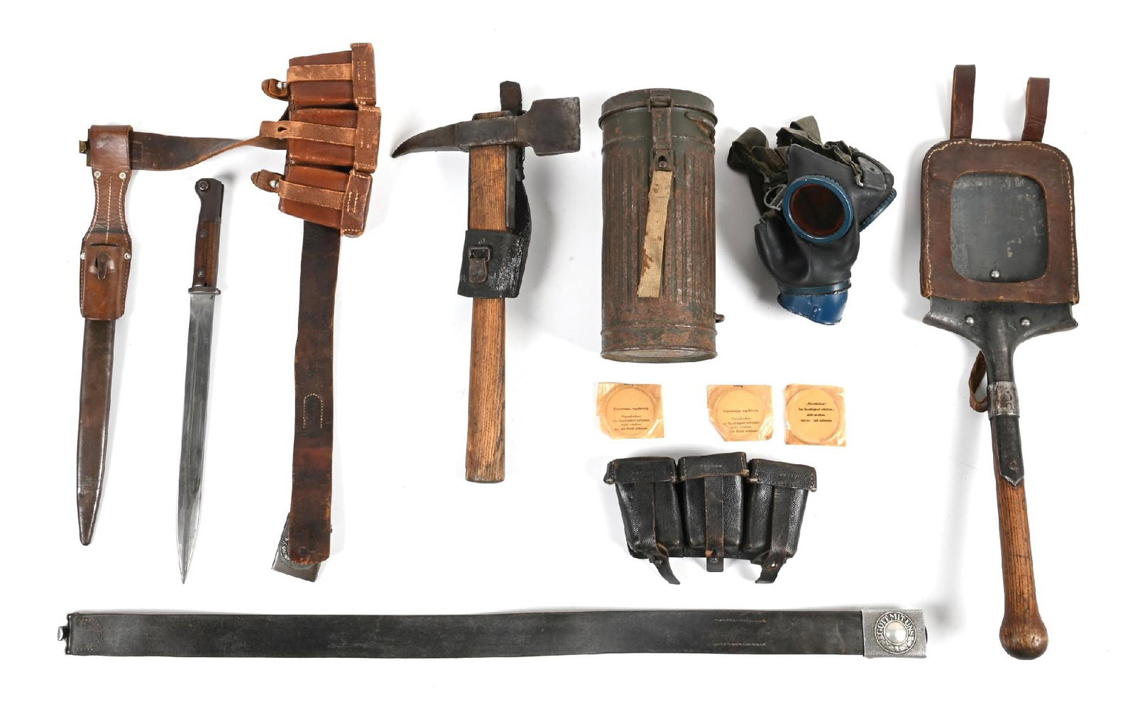 LOT OF GERMAN WWI-WWII FIELD GEAR.: Lot of German WWI/WWII field gear with US veteran "capture paper". Lot includes a "BK" marked 84/98 bayonet in a "1938-dated" brown leather frog with a "1939-dated" K98 brown leather ammo pouch