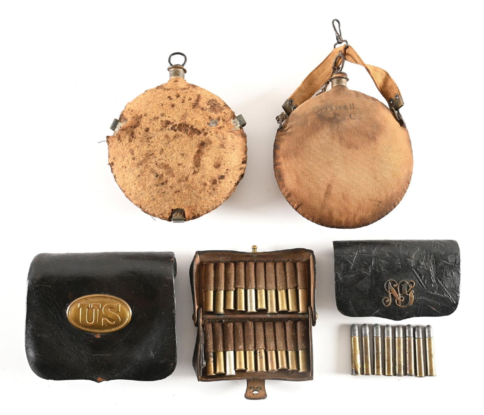 LOT OF 5: US CIVIL WAR-INDIAN WARS CANTEENS AND CARTRIDGE BOXES.: Lot consists of: (A) Model 1858 Civil War canteen with brown colored wool covering. The wool cover is mostly intact with some scattered breaks and stains. Pewter spout is solid and intact where it is