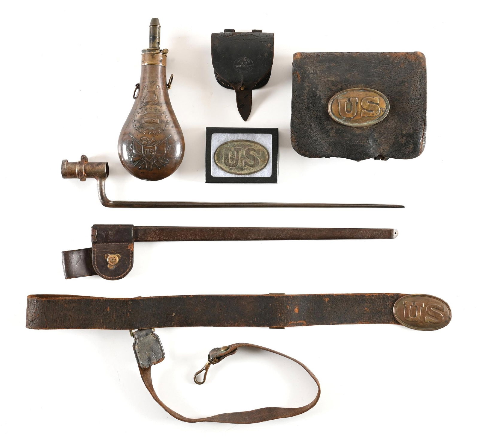 LOT OF US CIVIL WAR FIELD GEAR.: Lot consists of: (A) Produced from 1847-1858. This fine condition ‘Batty’ flask from the Mexican War era exhibits the conventional tear-shaped copper body with a military motif design.