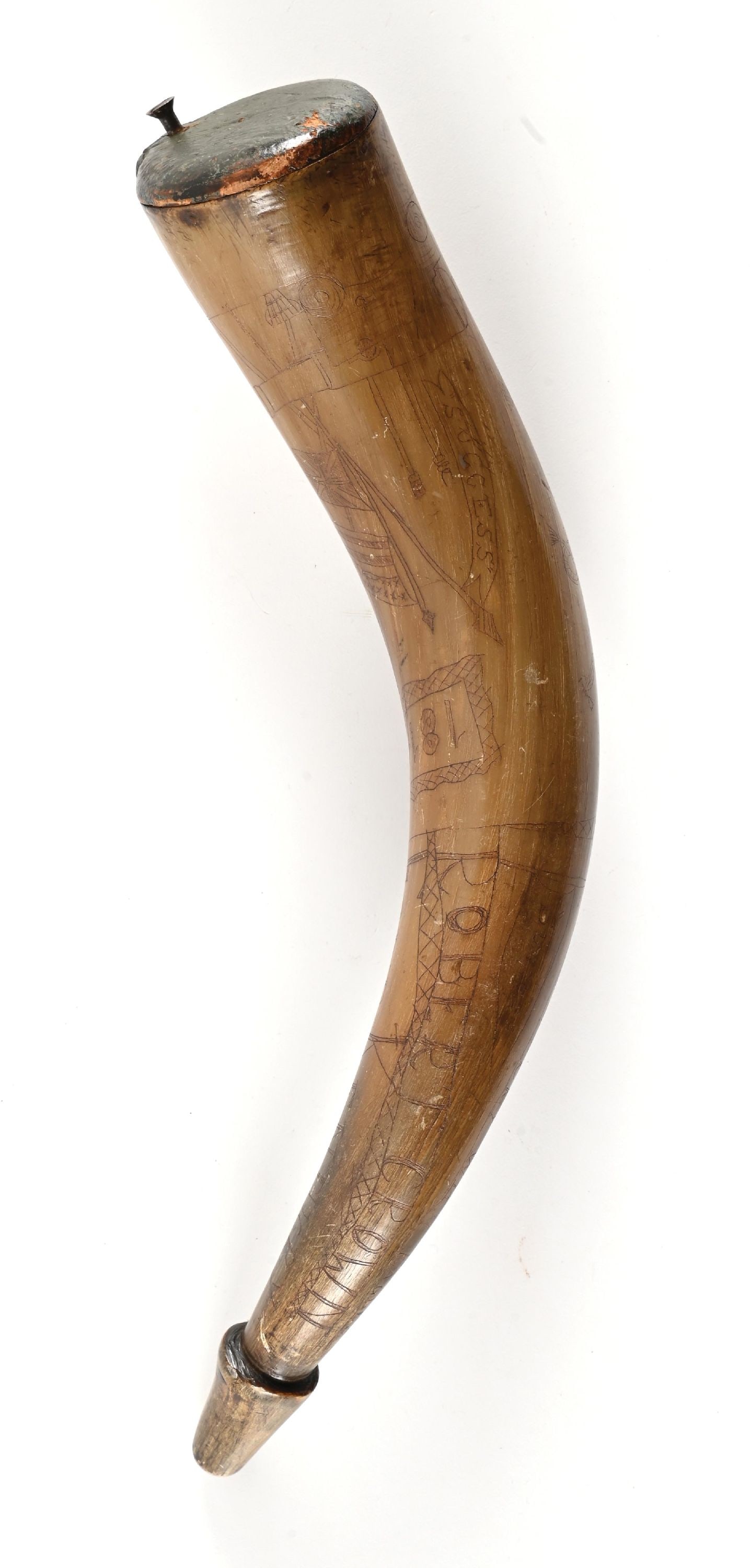 1814 DATED AND CARVED AMERICAN NAVAL WAR OF 1812 POWDER HORN. (1 of 2)